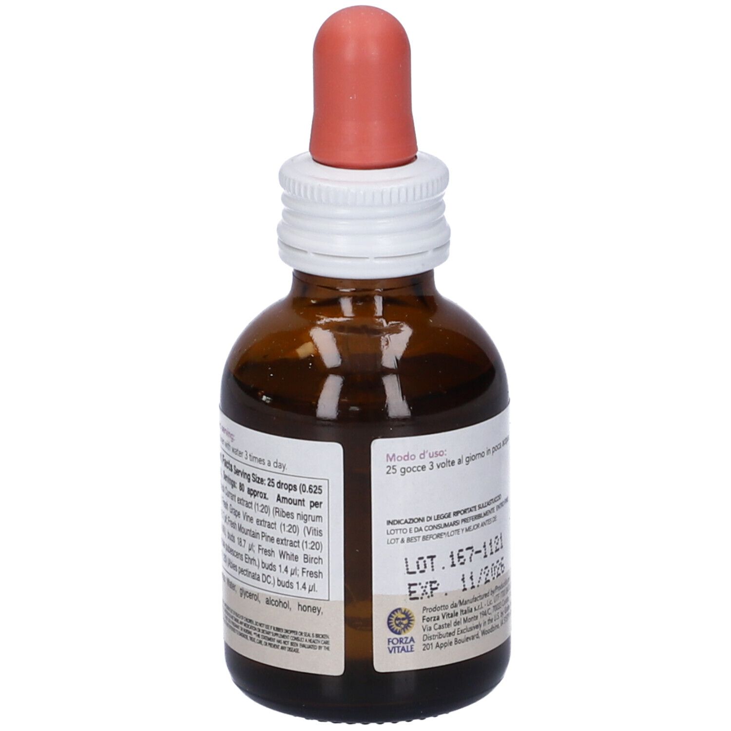 Flacone di vetro marrone con contagocce. Scritta: Vitis Vinifera Composta. Integratore alimentare. 50 ml.