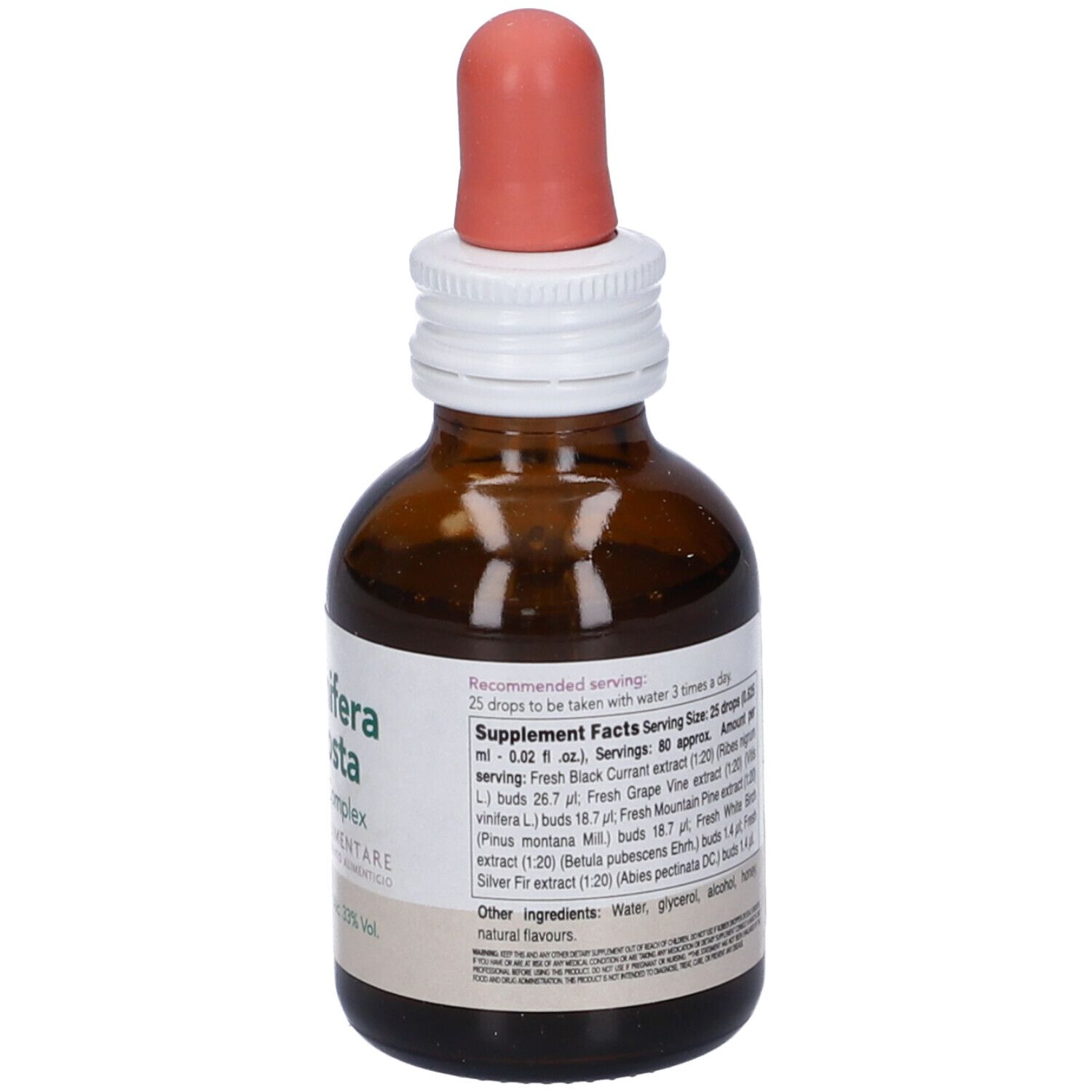 Flacone di vetro marrone con contagocce. Scritta: Vitis Vinifera Composta. Integratore alimentare. 50 ml.