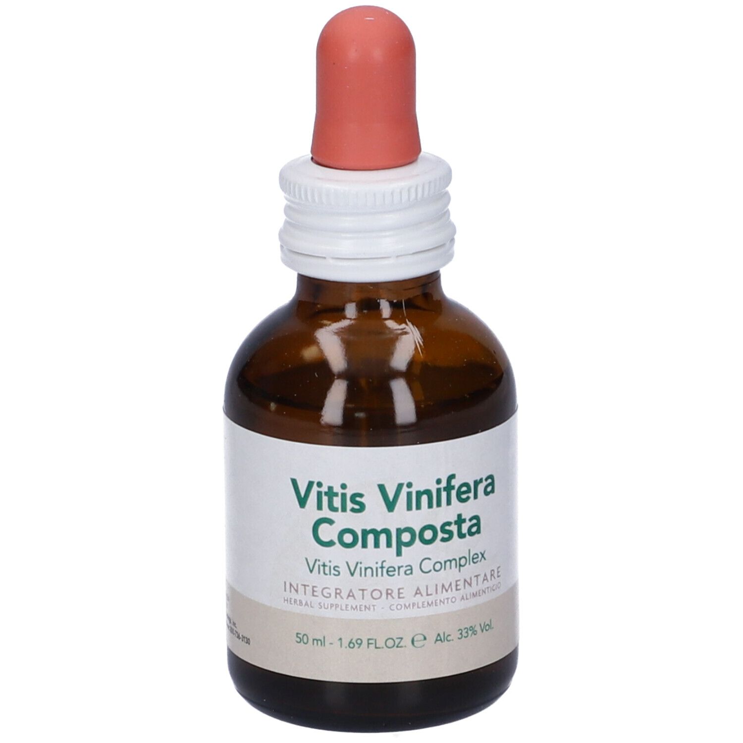 Flacone di vetro marrone con contagocce. Scritta: Vitis Vinifera Composta. Integratore alimentare. 50 ml.