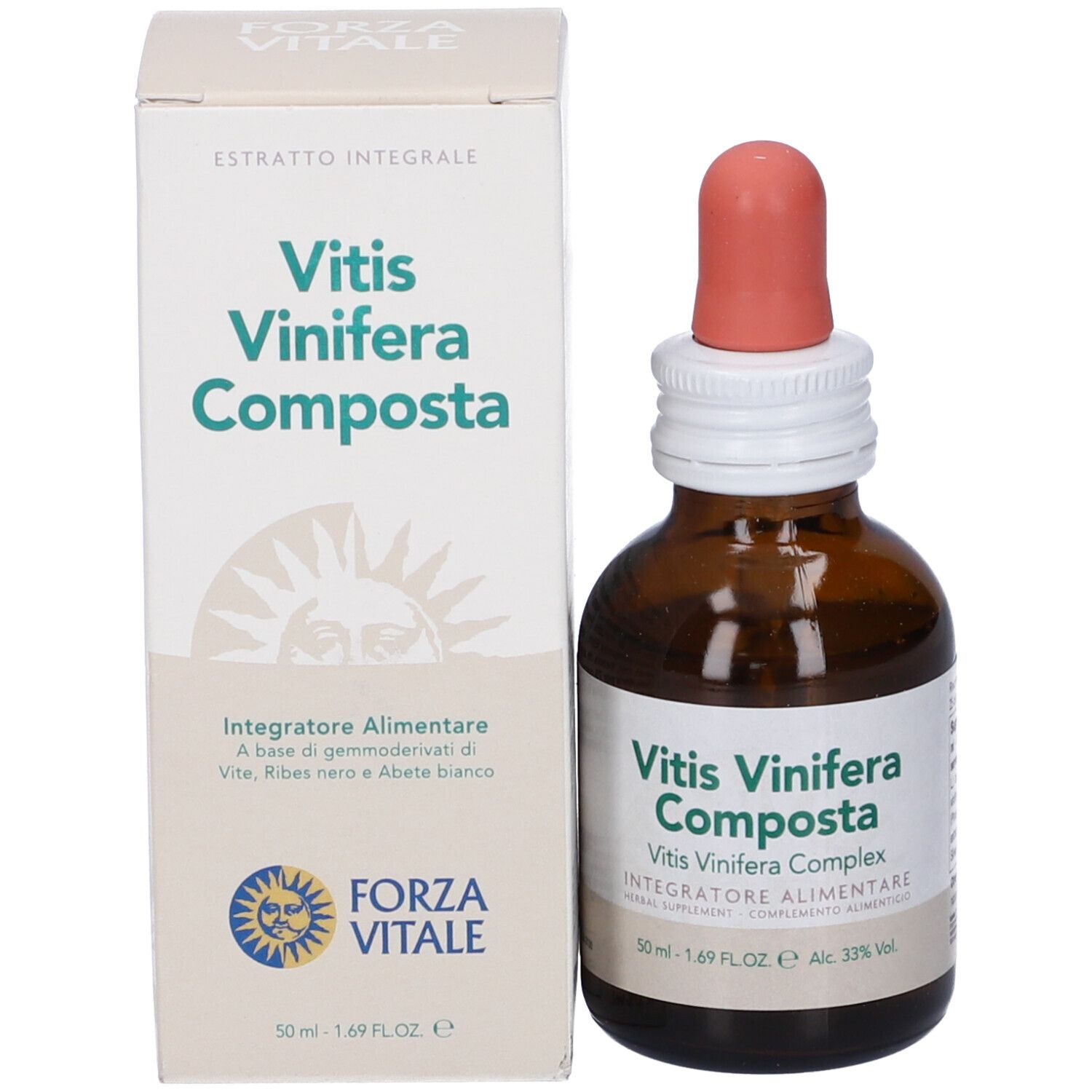 Flacone di vetro marrone con contagocce e confezione. Scritta: Vitis Vinifera Composta. Integratore alimentare.