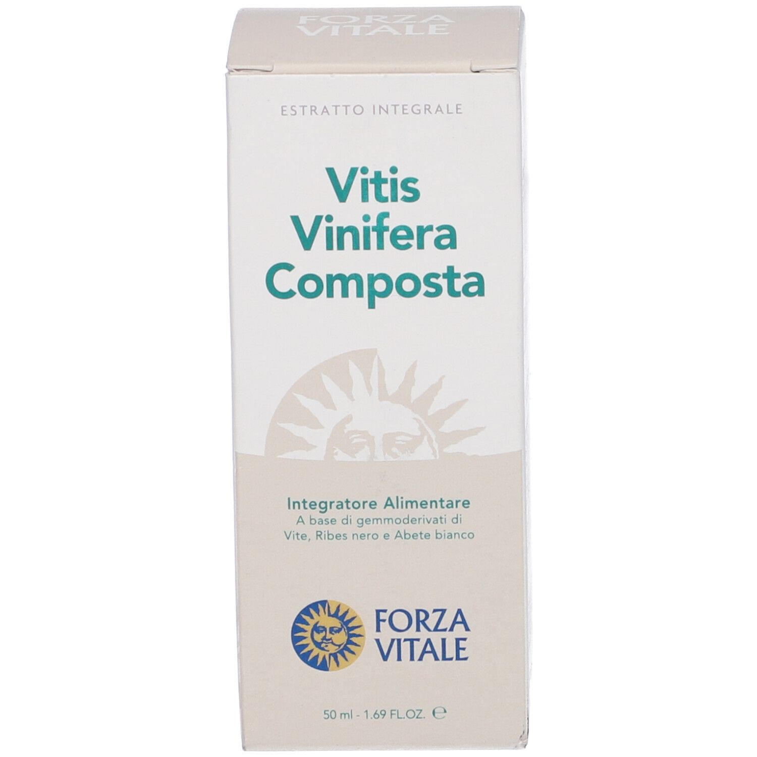 Confezione con scritta: Vitis Vinifera Composta. Integratore alimentare. Logo.