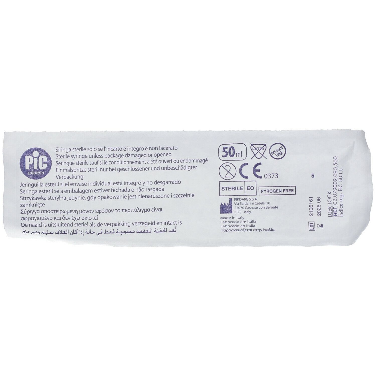 Confezione siringa. Marchio Pic Solution, 50 ml, sterile, marchio CE.