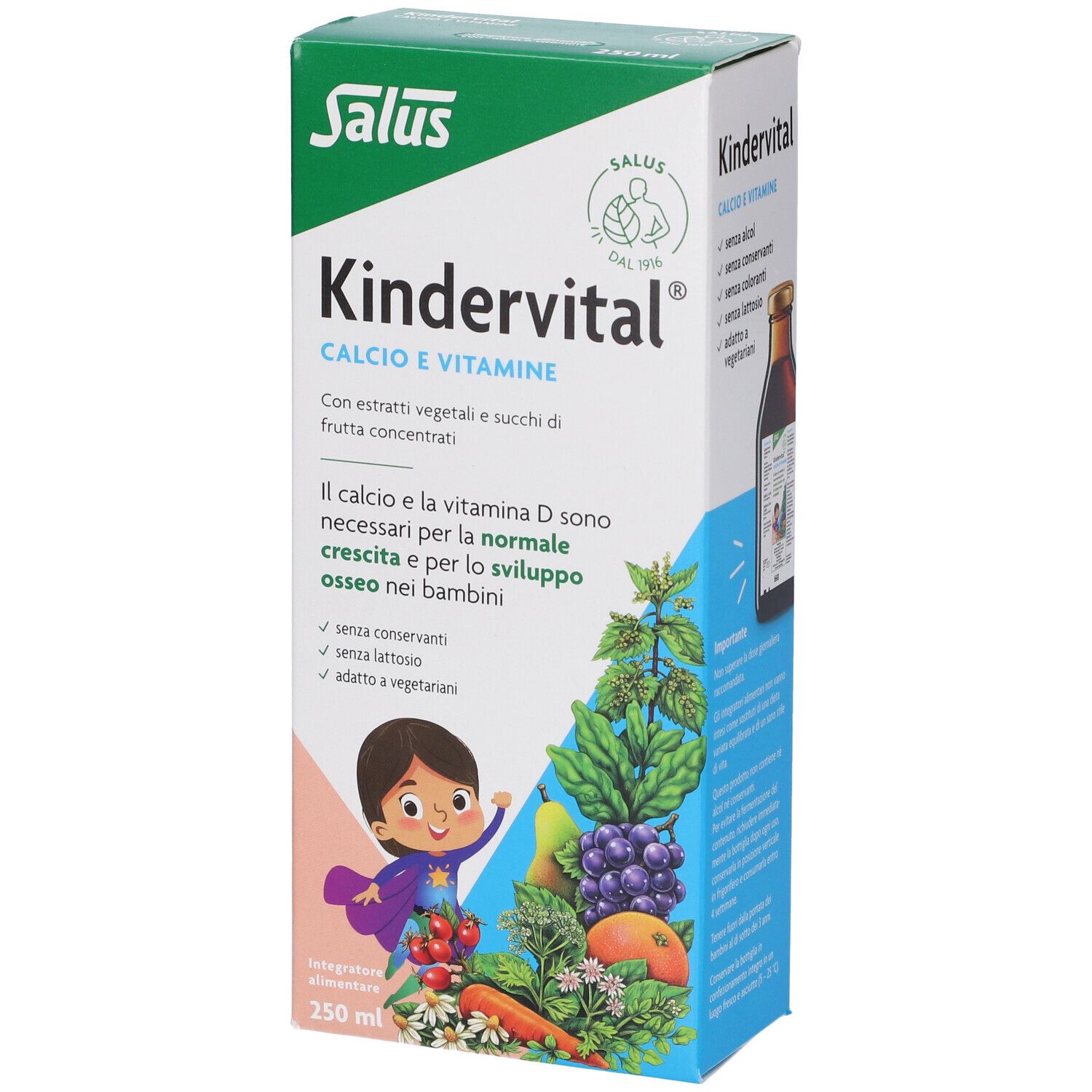 Scatola Salus Kindervital. Contiene calcio e vitamine. Illustrazione di frutta e verdura. 250 ml.