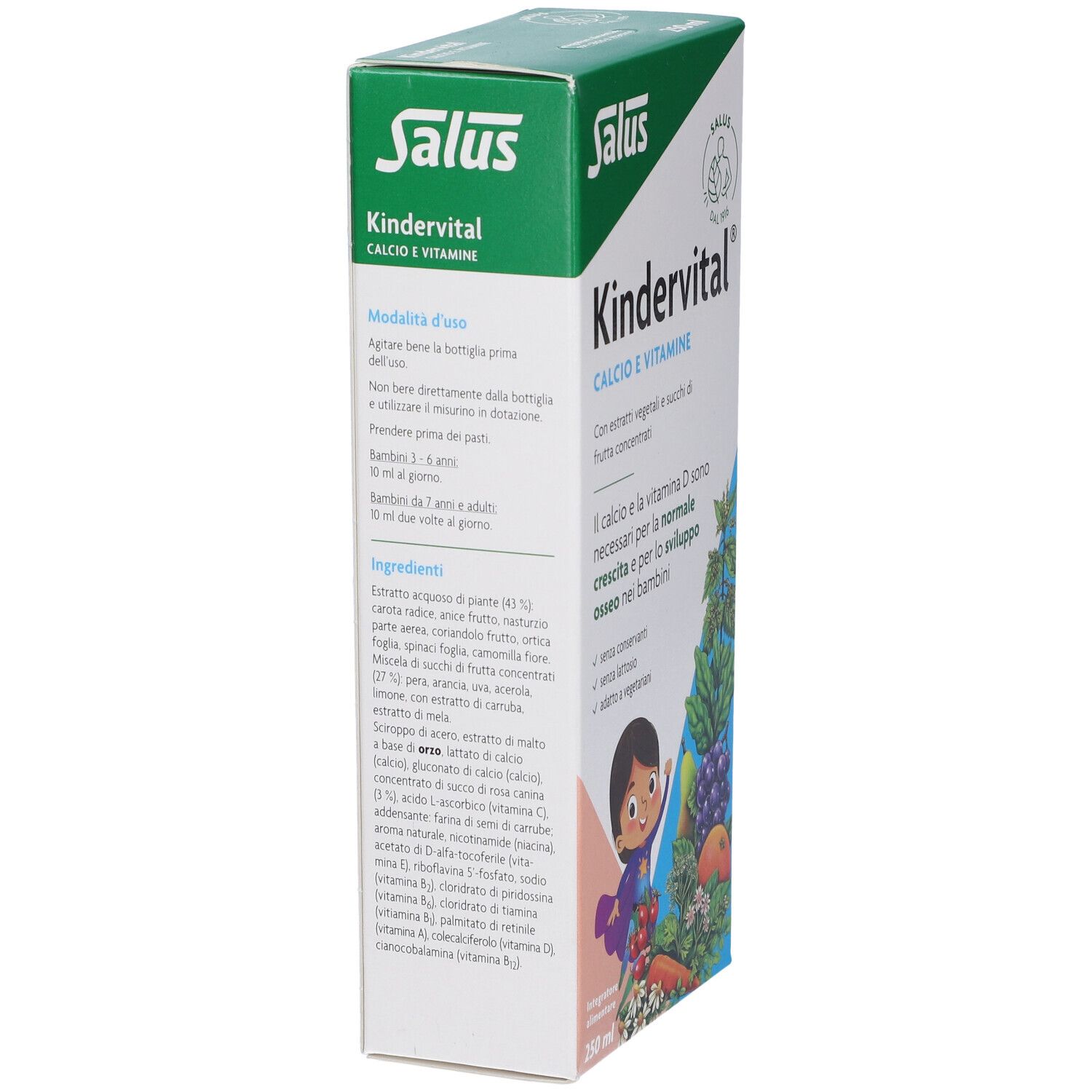Scatola Salus Kindervital. Contiene calcio e vitamine. Vista laterale con ingredienti e istruzioni per l'uso.