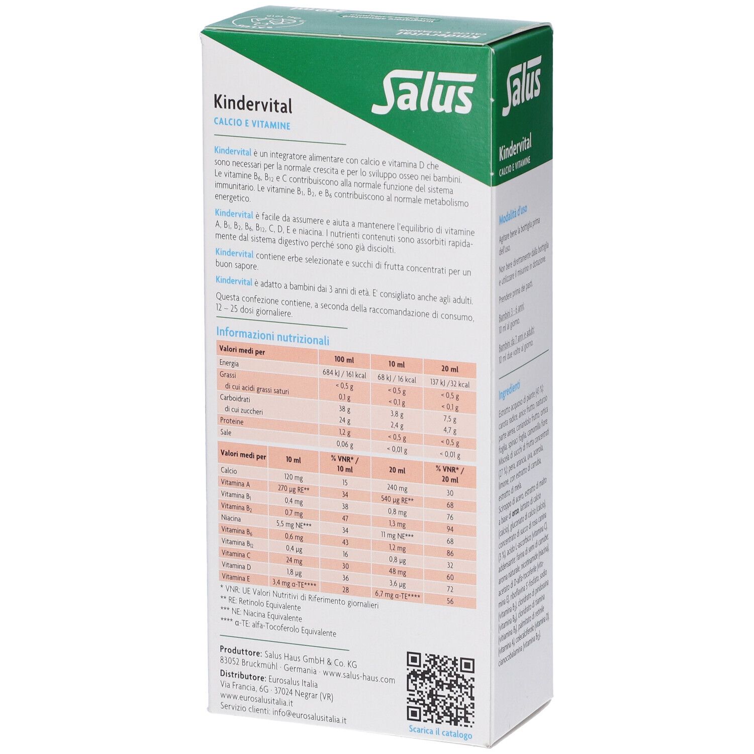 Scatola Salus Kindervital. Contiene calcio e vitamine. Retro con informazioni nutrizionali e produttore.