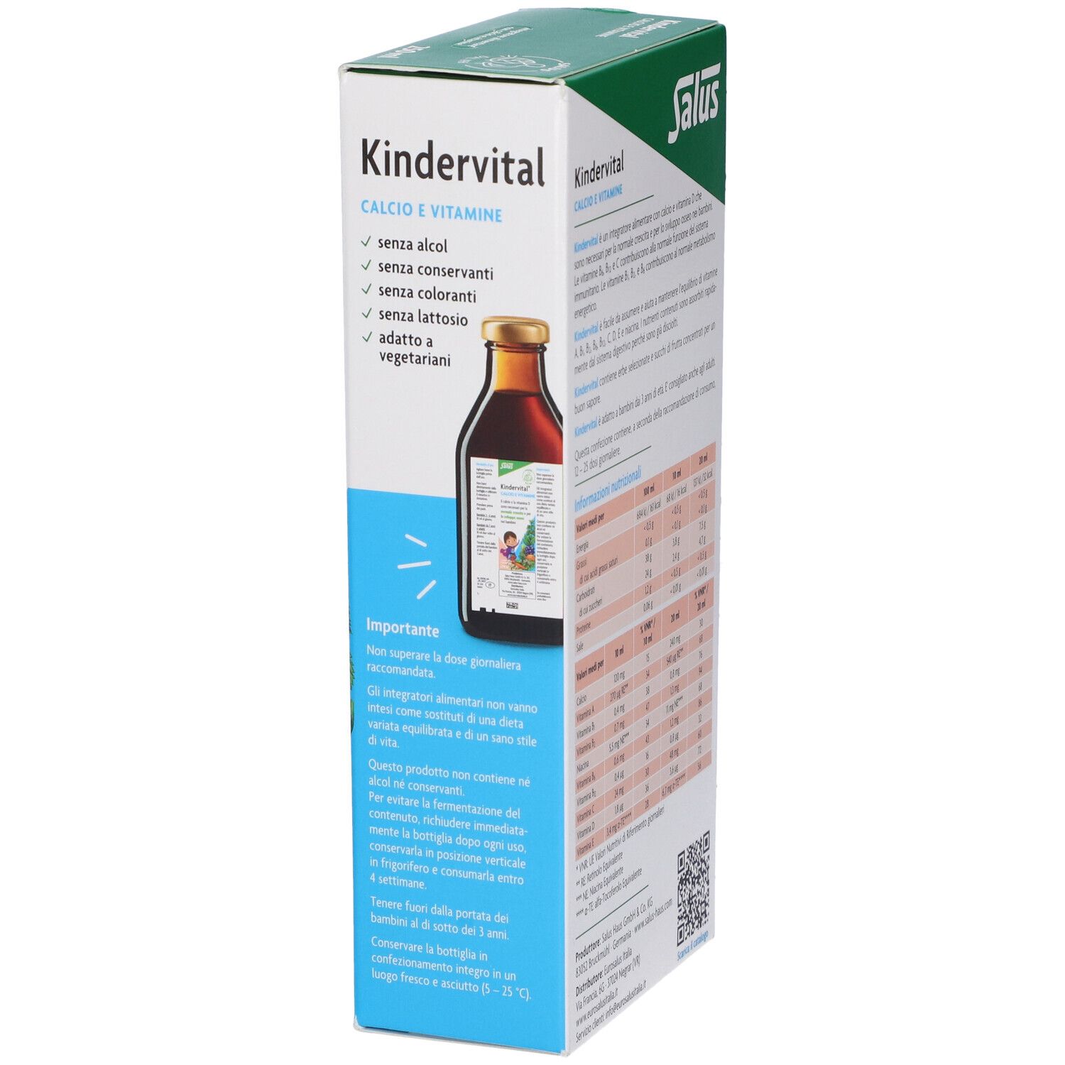 Scatola Salus Kindervital. Contiene calcio e vitamine. Vista laterale con avvertenze e informazioni nutrizionali.