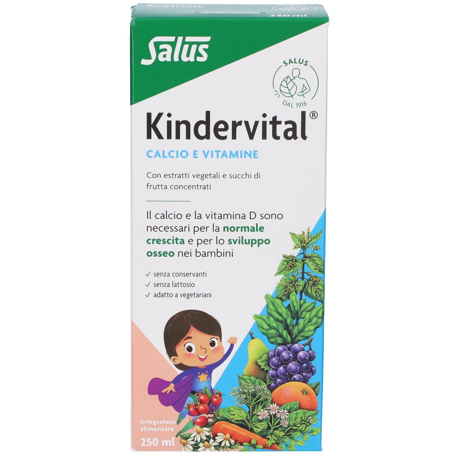 Scatola Salus Kindervital. Contiene calcio e vitamine. Illustrazione di frutta e verdura. 250 ml.