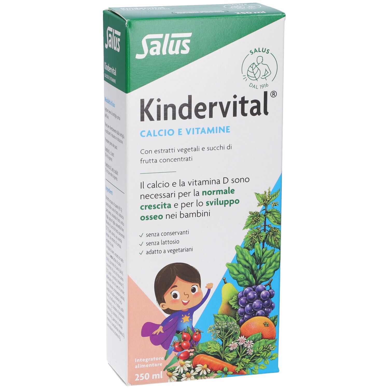 Scatola Salus Kindervital. Contiene calcio e vitamine. Illustrazione di frutta e verdura. 250 ml.