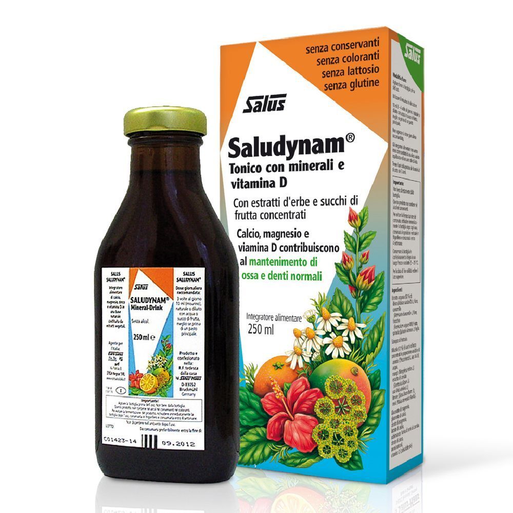 Bottiglia di vetro marrone e scatola Salus Saludynam®. Scritto: Tonico con minerali e vitamina D. Con frutta.