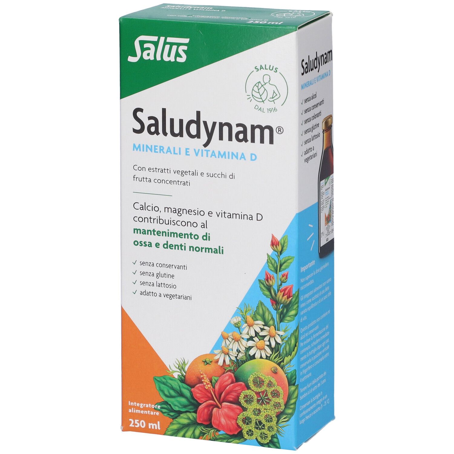 Scatola bianca e verde Salus Saludynam®. Scritto: Minerali e Vitamina D. Con estratti vegetali e di frutta.
