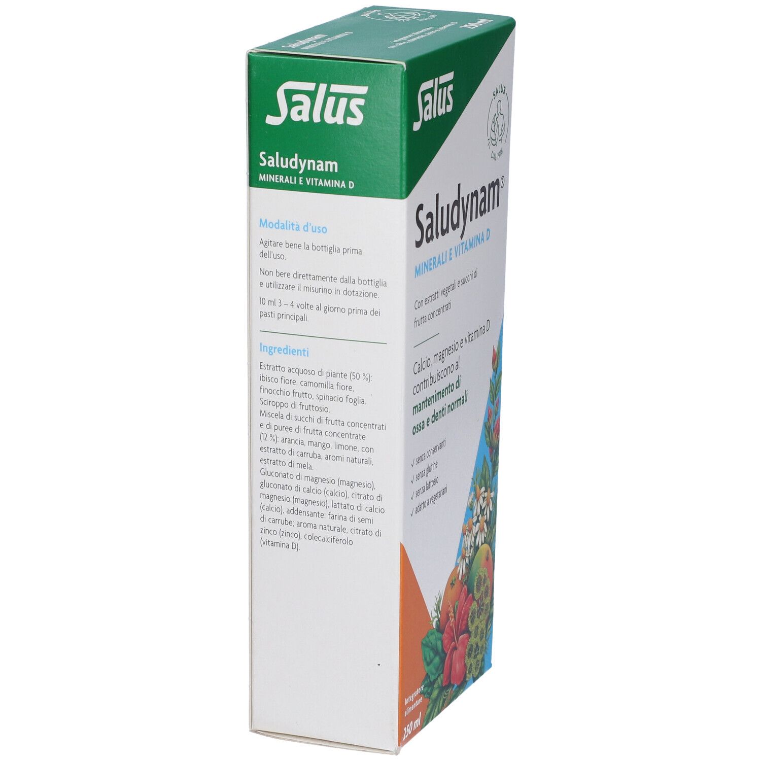 Scatola Salus Saludynam®, Minerali e Vitamina D. Retro con ingredienti e istruzioni per l'uso.