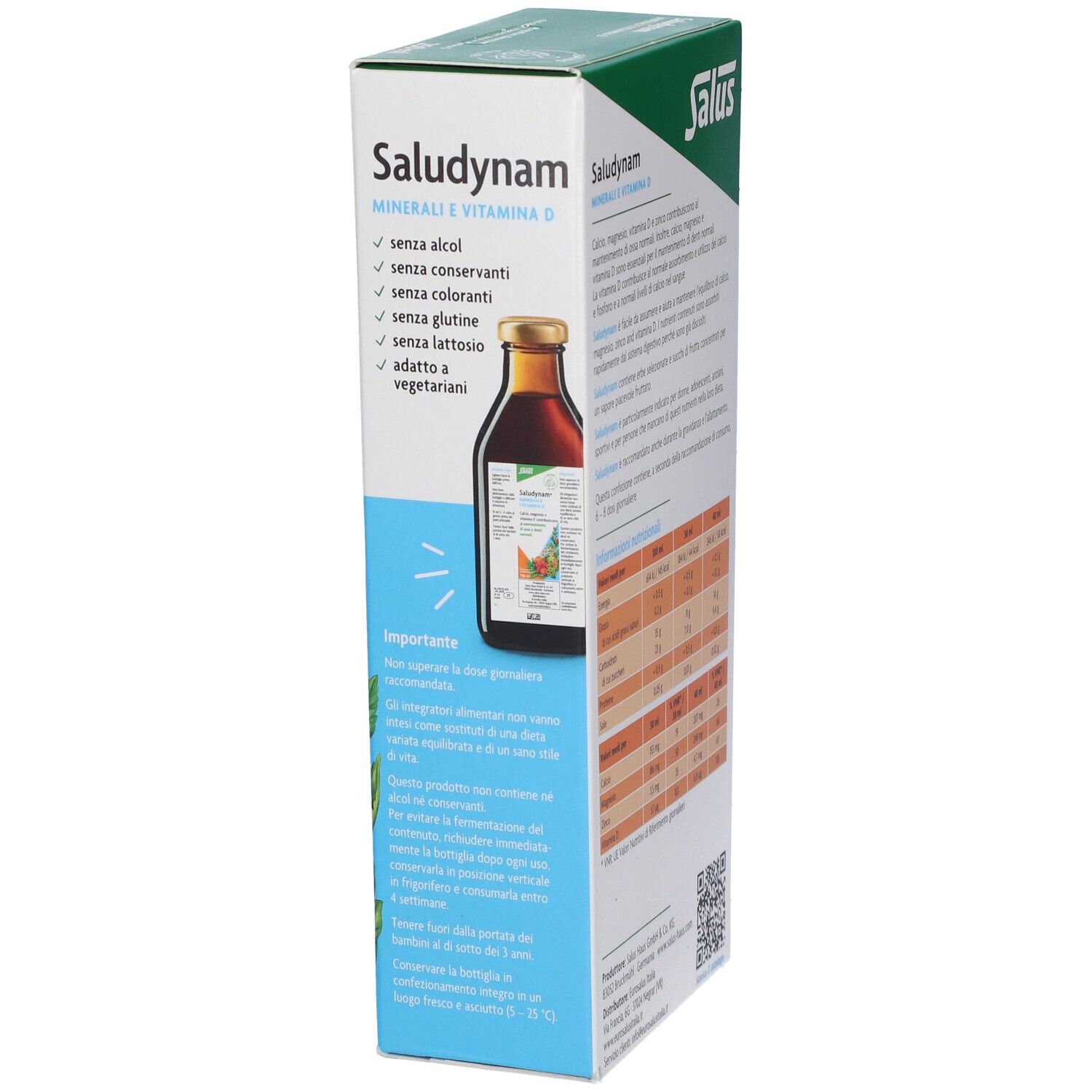 Scatola Salus Saludynam®, Minerali e Vitamina D. Scritto: senza conservanti, glutine, lattosio.