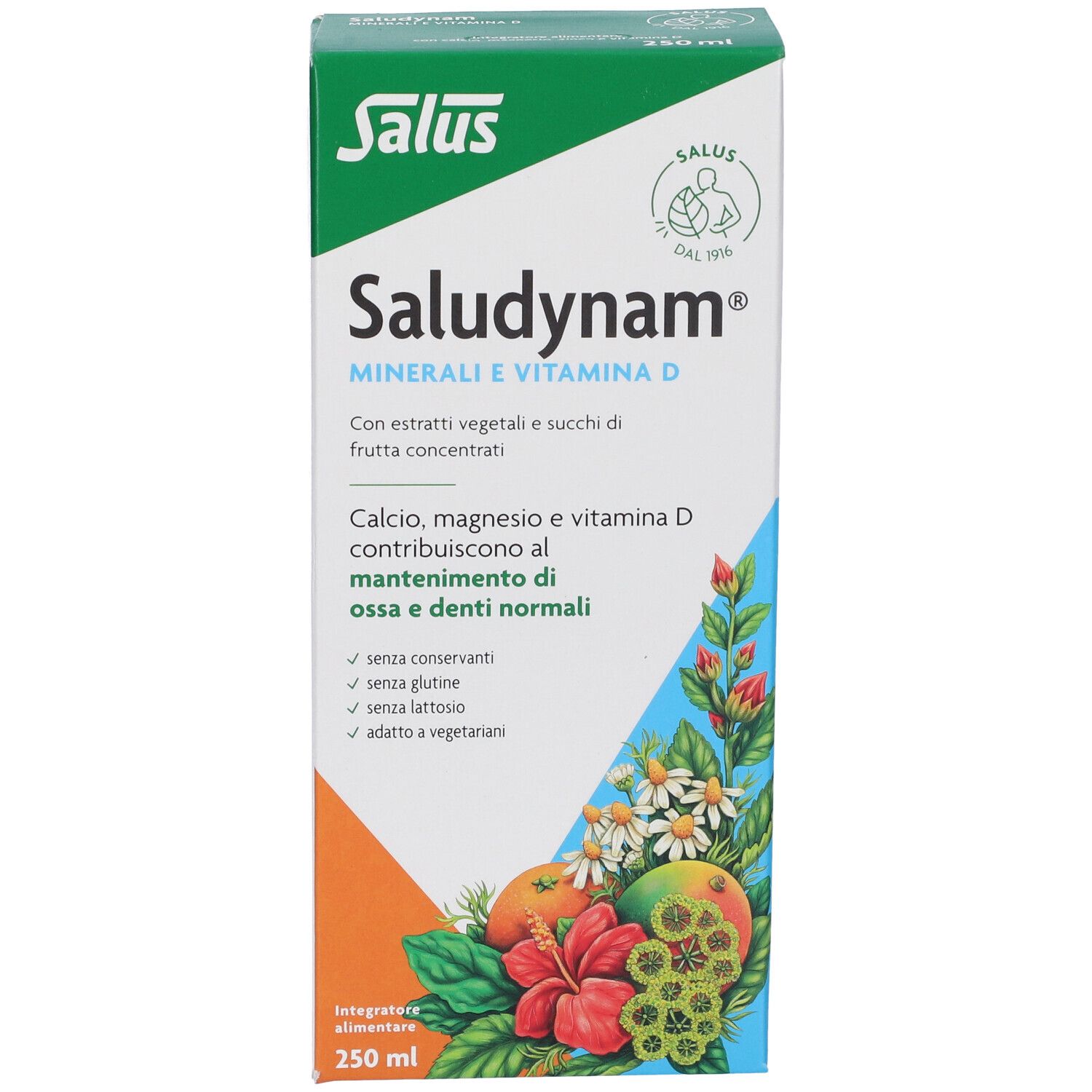 Scatola Salus Saludynam®, Minerali e Vitamina D. Scritto: Calcio, magnesio e vitamina D.