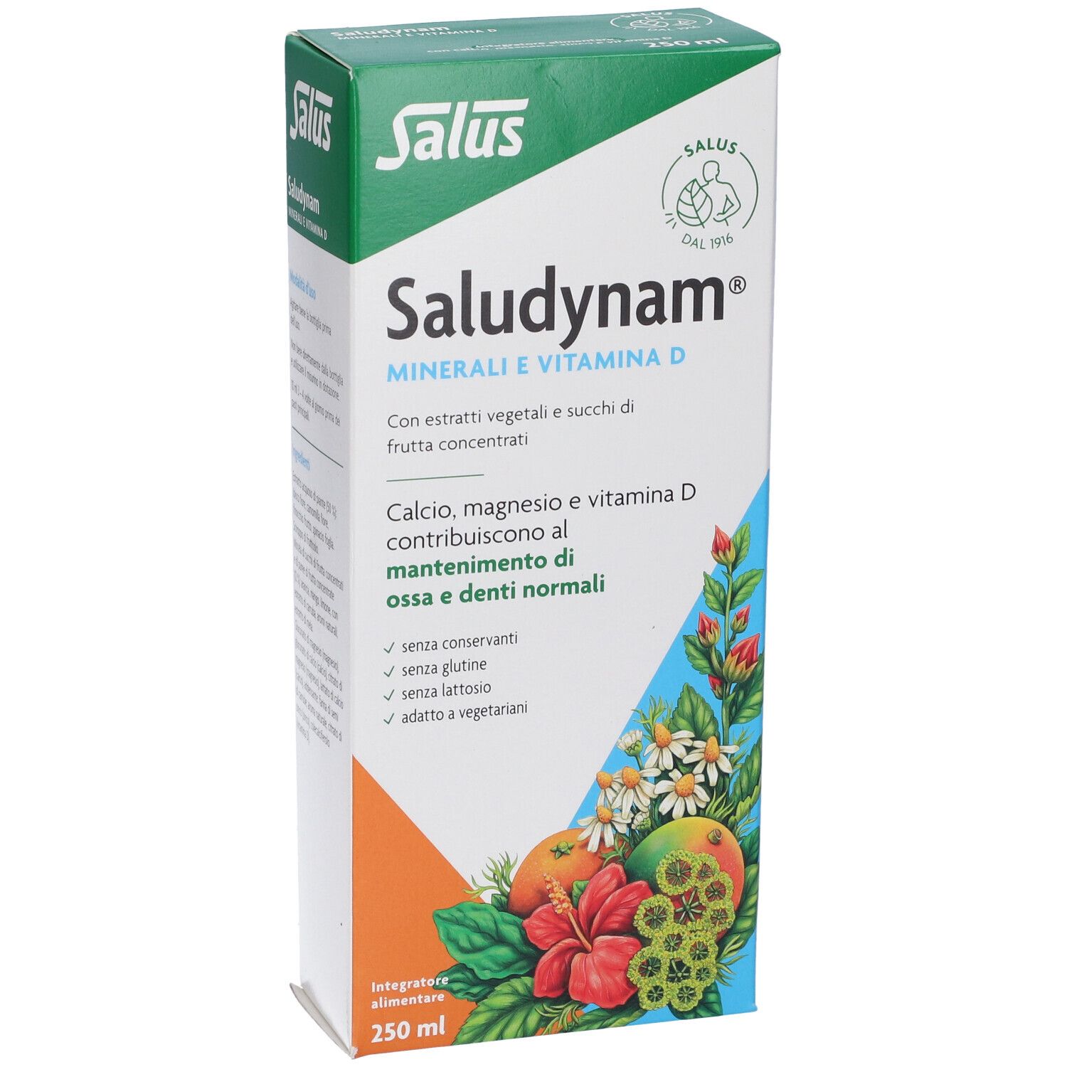 Scatola Salus Saludynam®, Minerali e Vitamina D. Scritto: Calcio, magnesio e vitamina D.