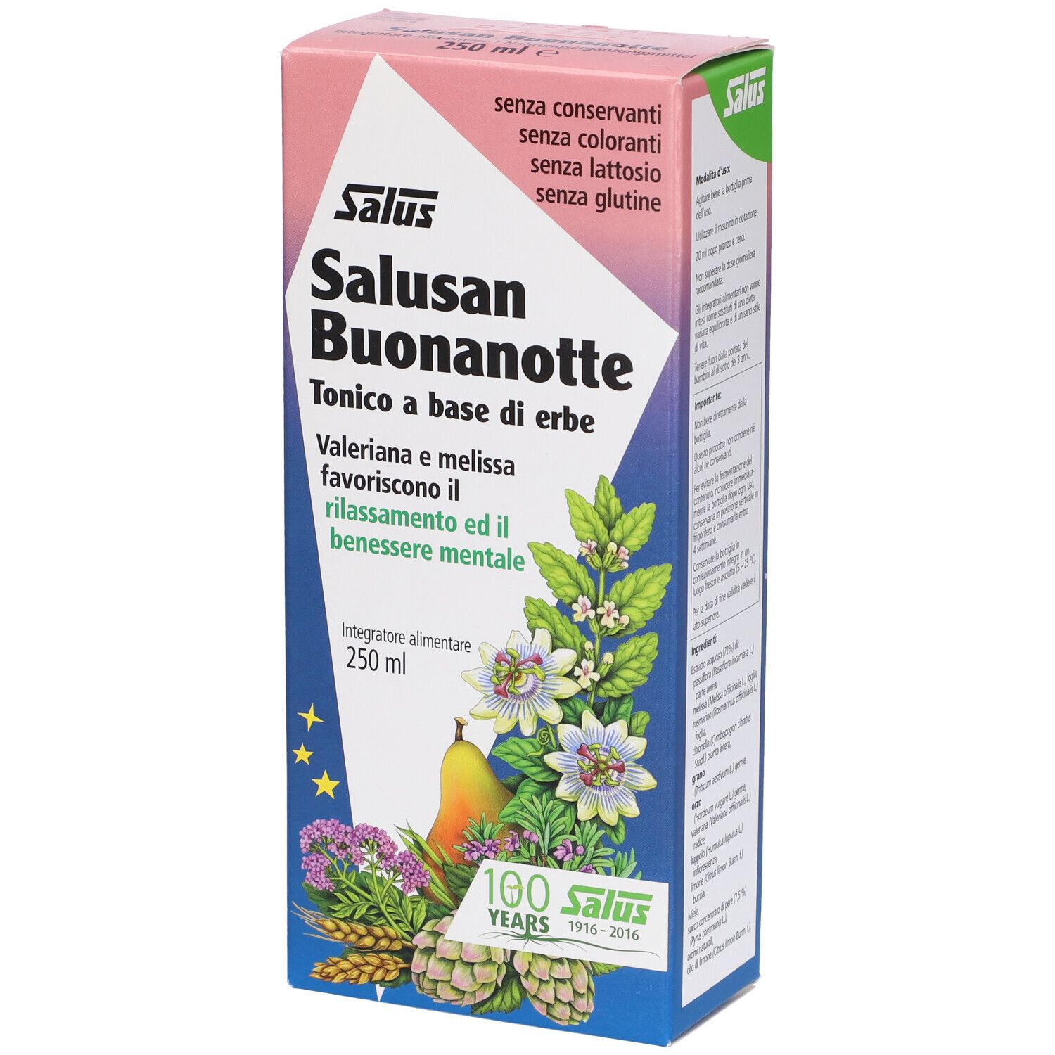 Salus Salusan Buonanotte. Scatola con immagine e testo. 250 ml. Senza conservanti, coloranti, lattosio, glutine.