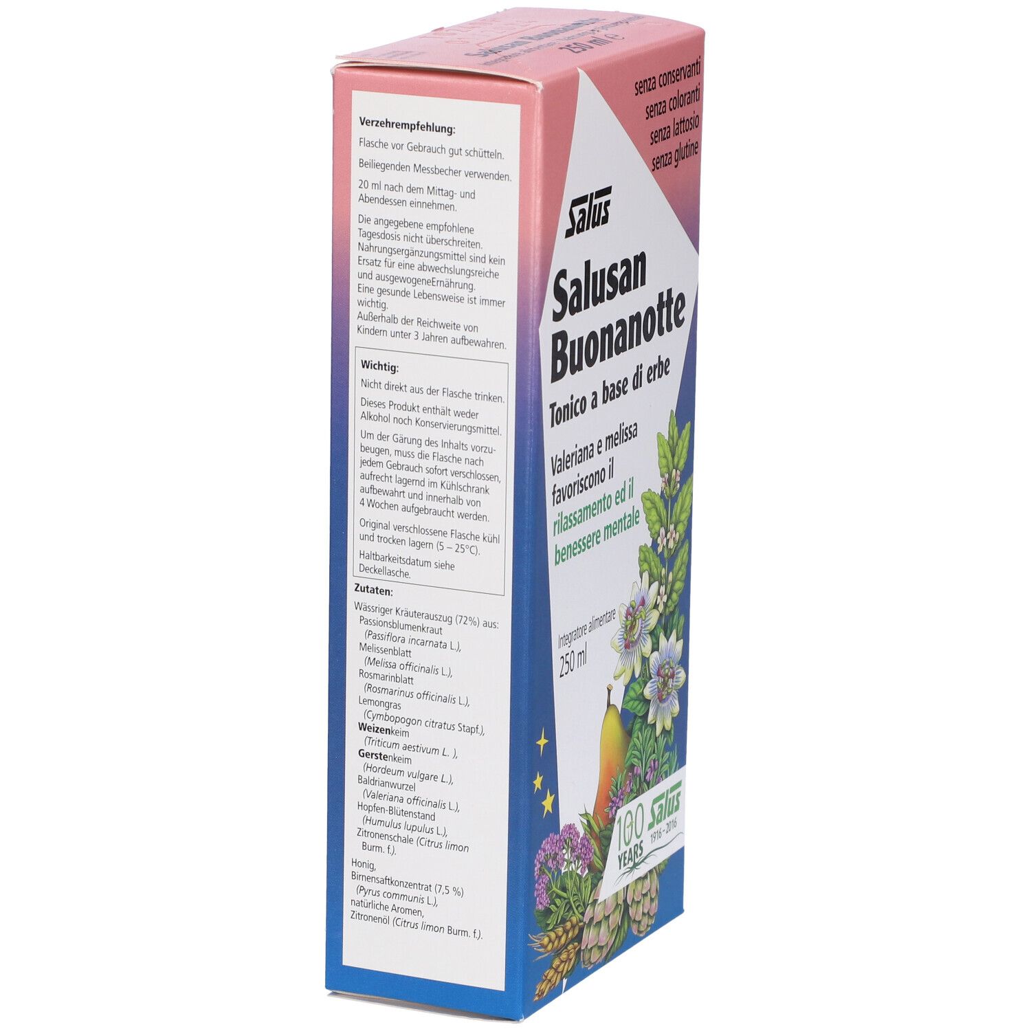 Salus Salusan Buonanotte. Scatola, vista laterale. Testo su ingredienti, uso e avvertenze. 250 ml.