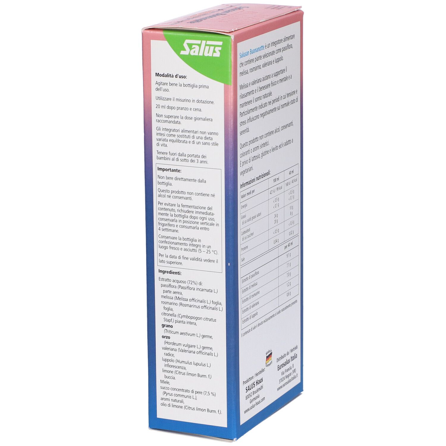 Salus Salusan Buonanotte. Scatola, vista laterale con testo su uso e ingredienti. 250 ml.