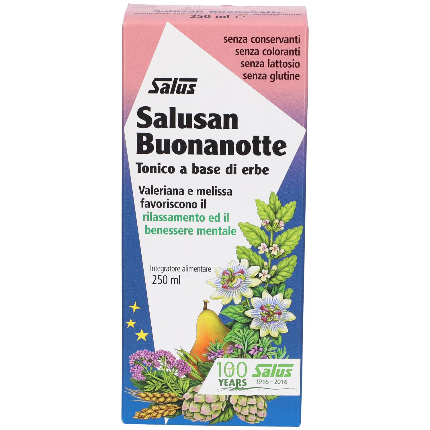 Salus Salusan Buonanotte. Scatola con immagine e testo. 250 ml. Senza conservanti, coloranti, lattosio, glutine.