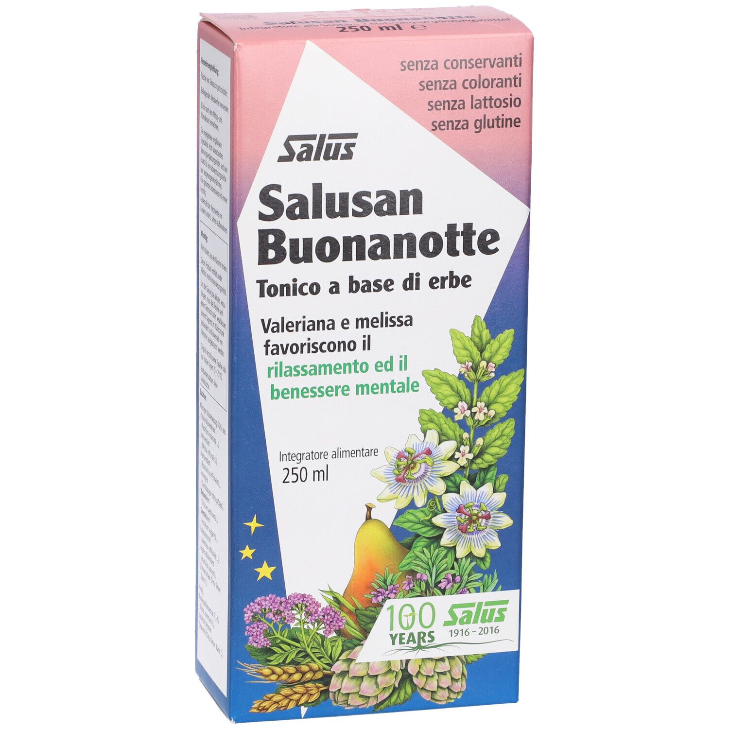 Salus Salusan Buonanotte. Scatola con immagine e testo. 250 ml. Senza conservanti, coloranti, lattosio, glutine.