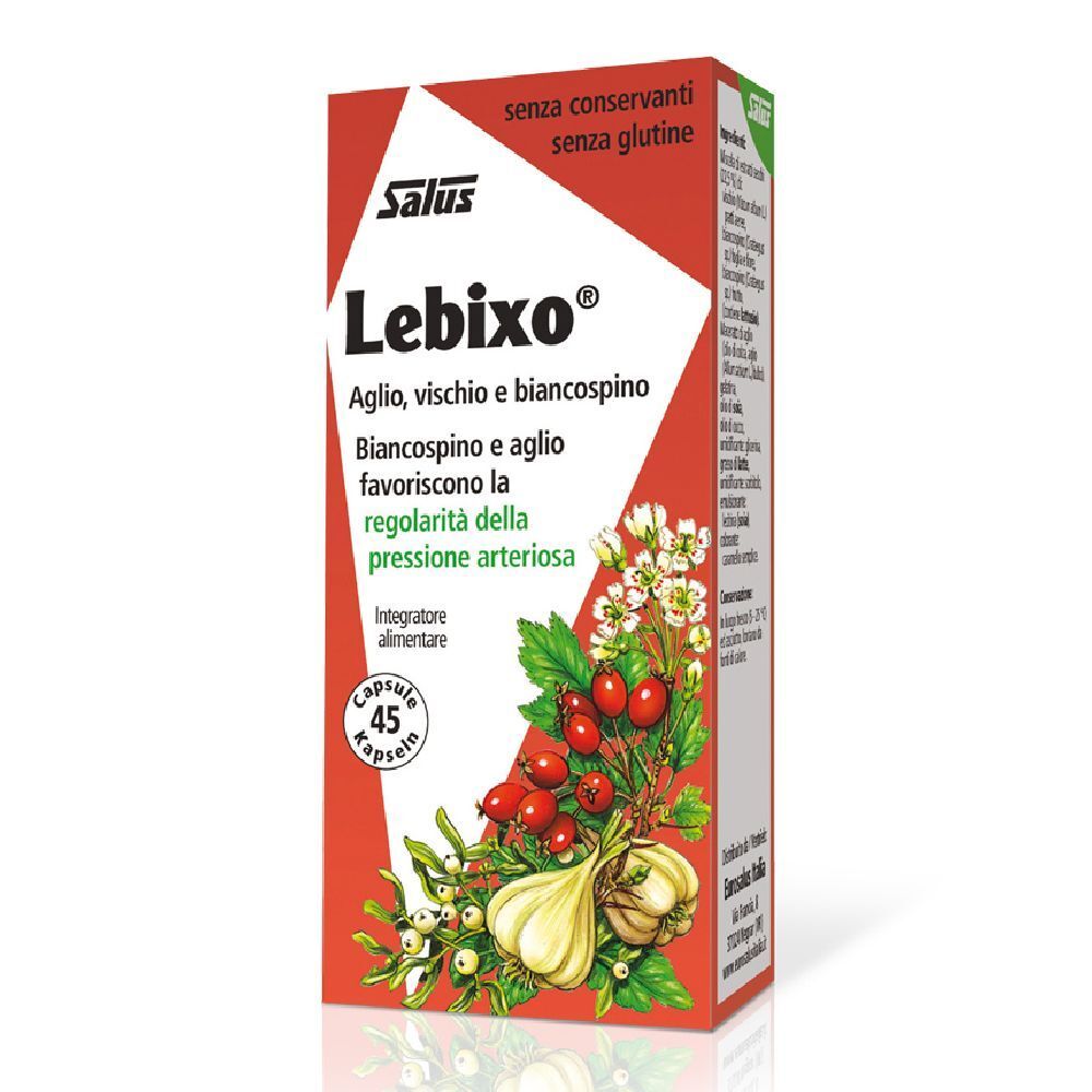 Scatola rossa Salus Lebixo®. Ingredienti e 45 capsule. Illustrazione di aglio, biancospino e vischio.