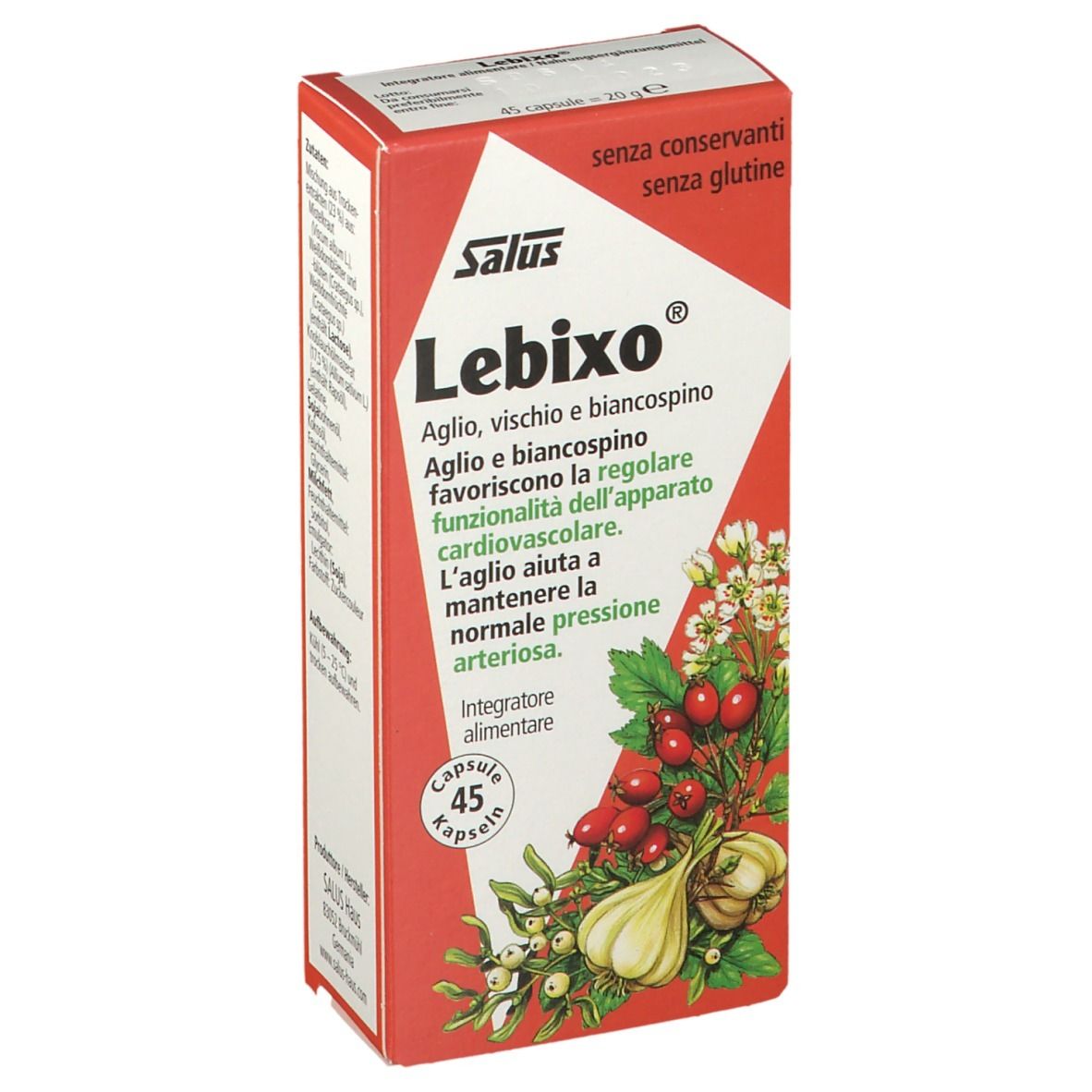 Scatola rossa Salus Lebixo®. Ingredienti e 45 capsule. Illustrazione di aglio, biancospino e vischio.