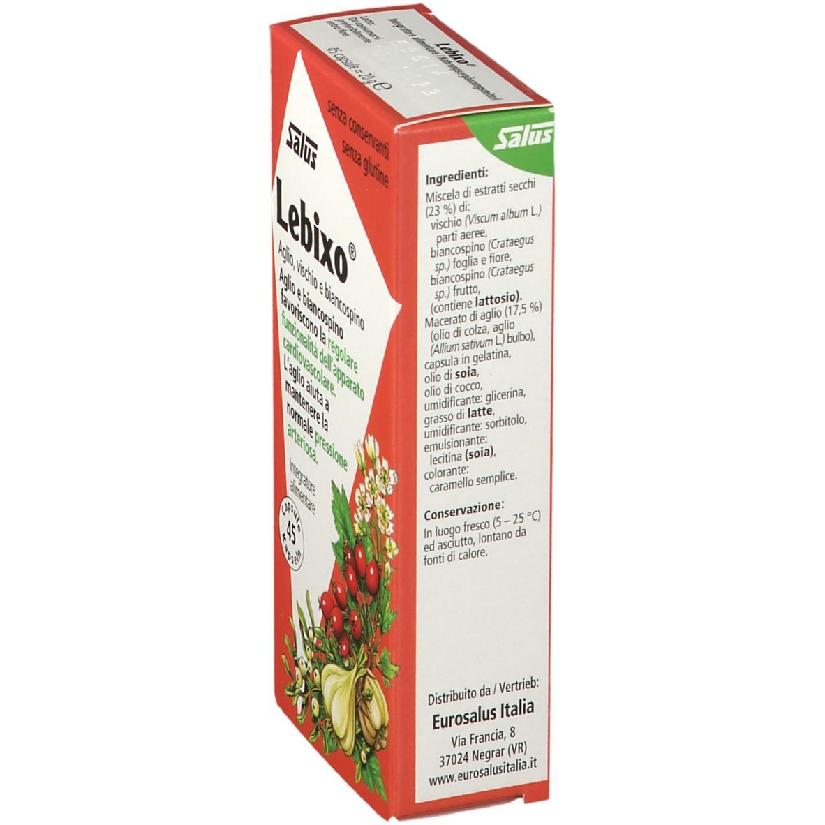 Scatola rossa Salus Lebixo®. Vista laterale con ingredienti, informazioni nutrizionali e produttore.