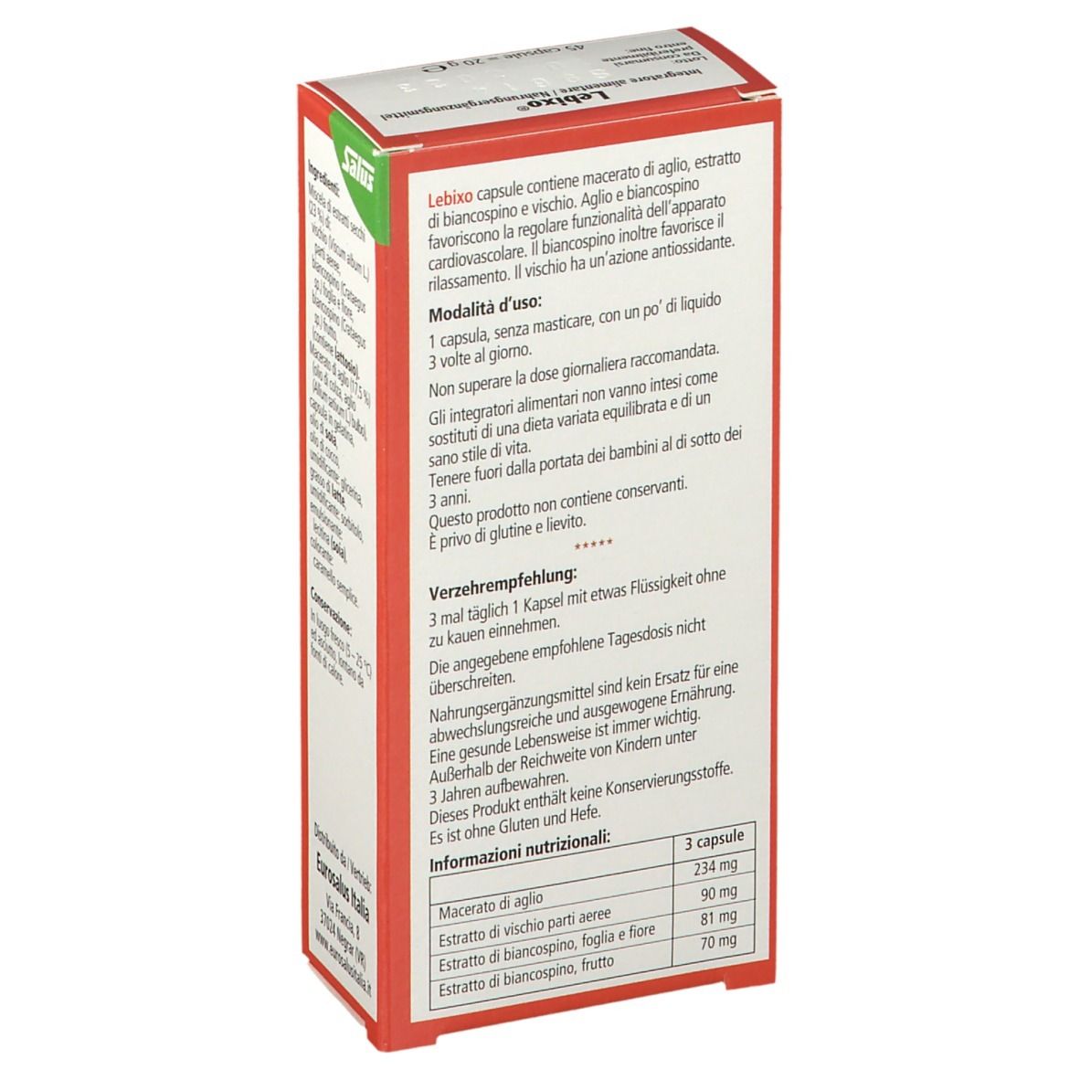 Scatola rossa Salus Lebixo®. Retro con istruzioni per l'uso e informazioni nutrizionali.
