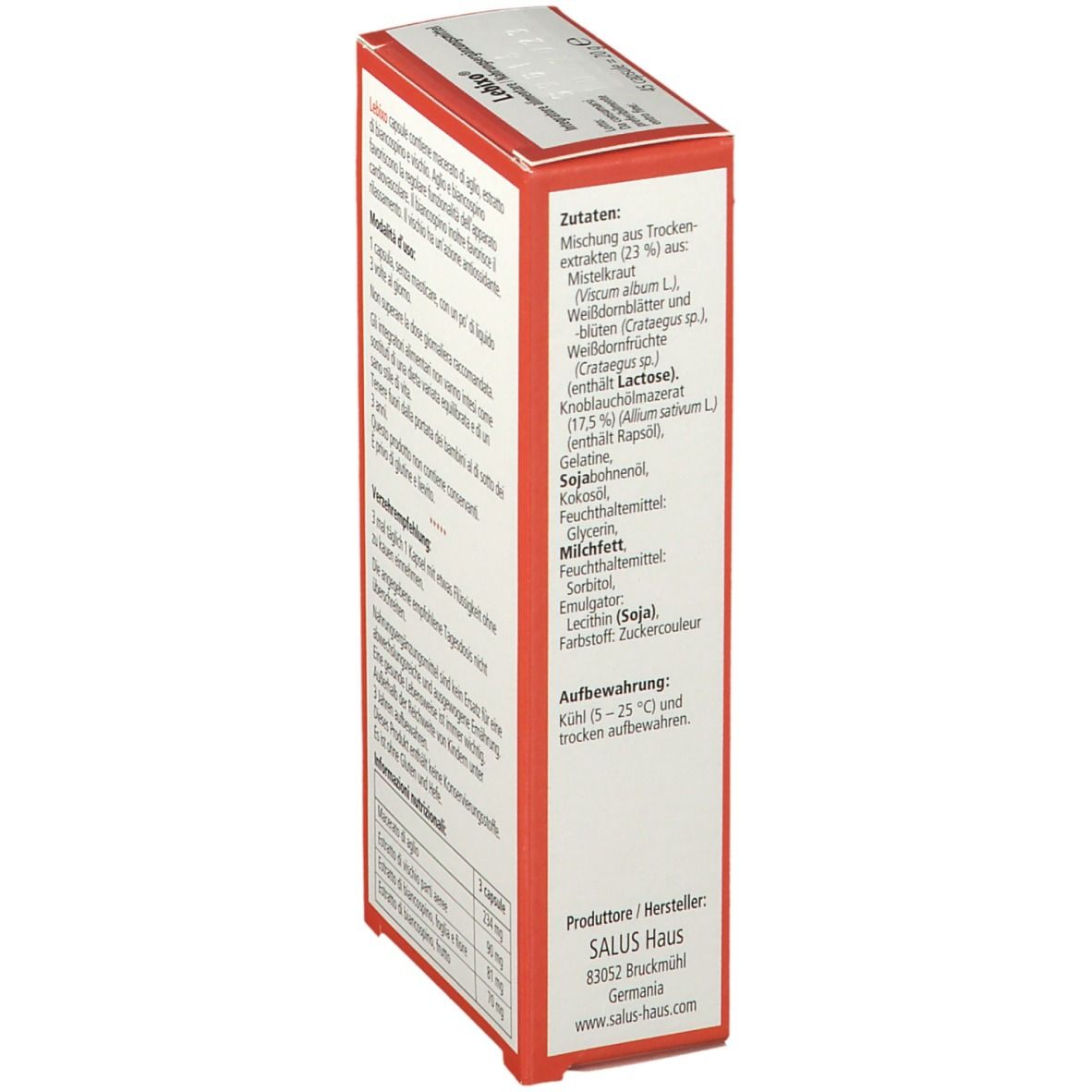 Scatola rossa Salus Lebixo®. Vista laterale con ingredienti, informazioni nutrizionali e produttore.