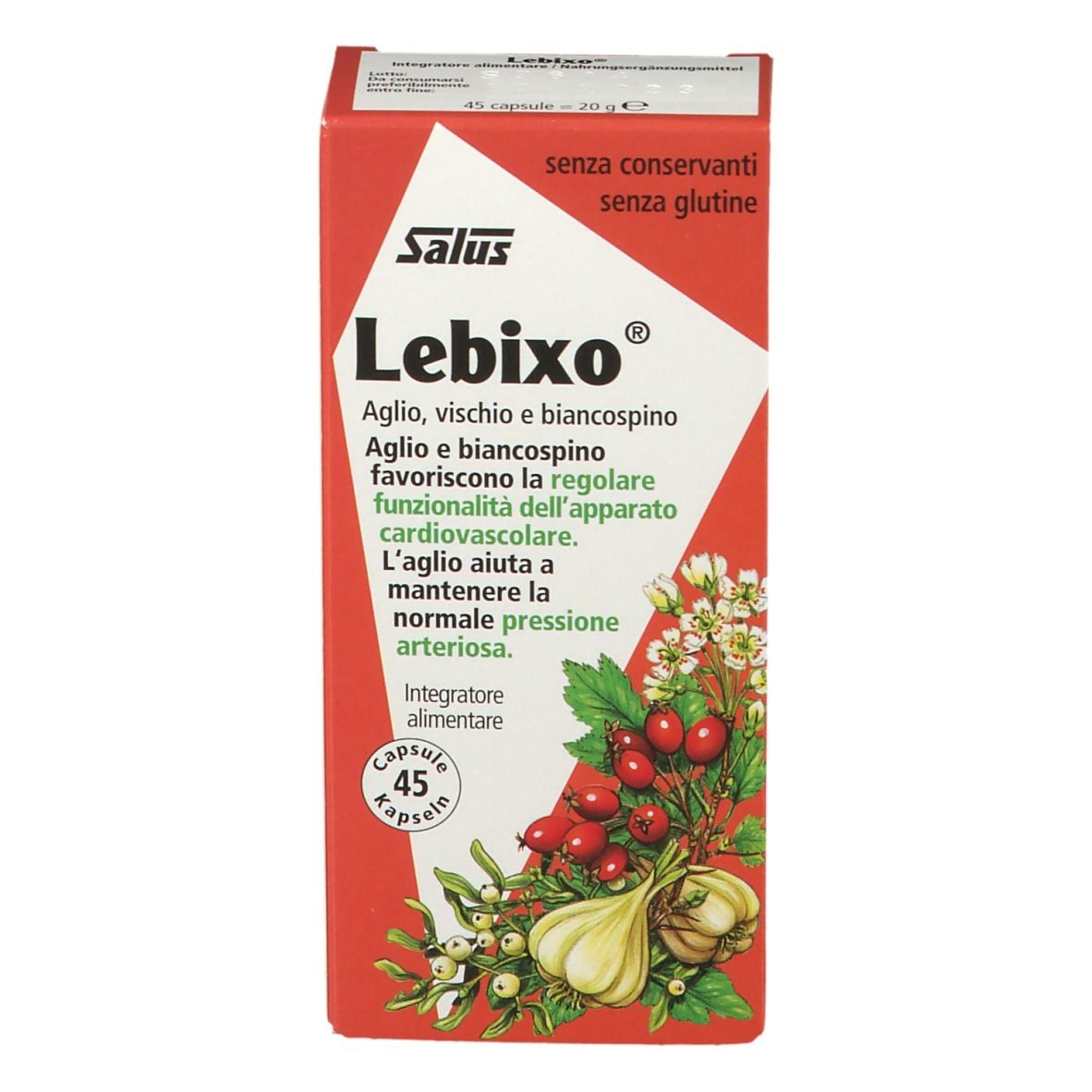 Scatola rossa Salus Lebixo®. Ingredienti e 45 capsule. Illustrazione di aglio, biancospino e vischio.