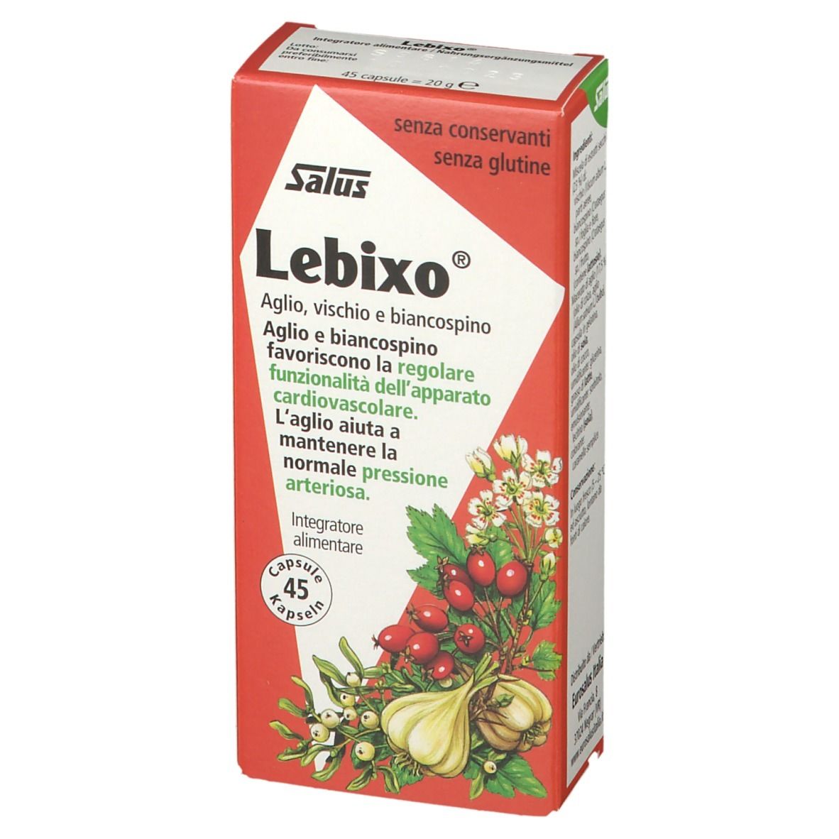Scatola rossa Salus Lebixo®. Ingredienti e 45 capsule. Illustrazione di aglio, biancospino e vischio.