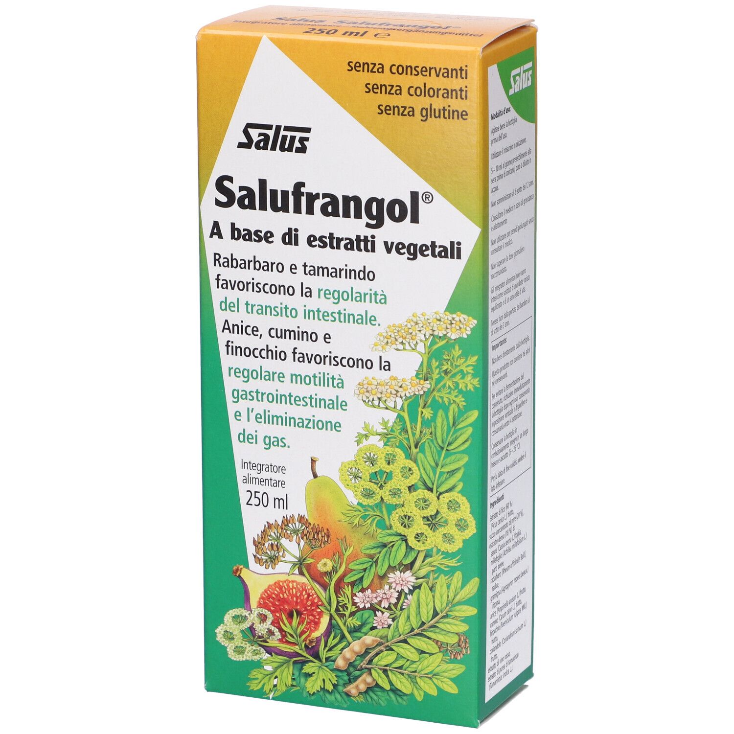 Scatola con nome del prodotto e ingredienti. Confezione verde-gialla con illustrazioni di frutta ed erbe.