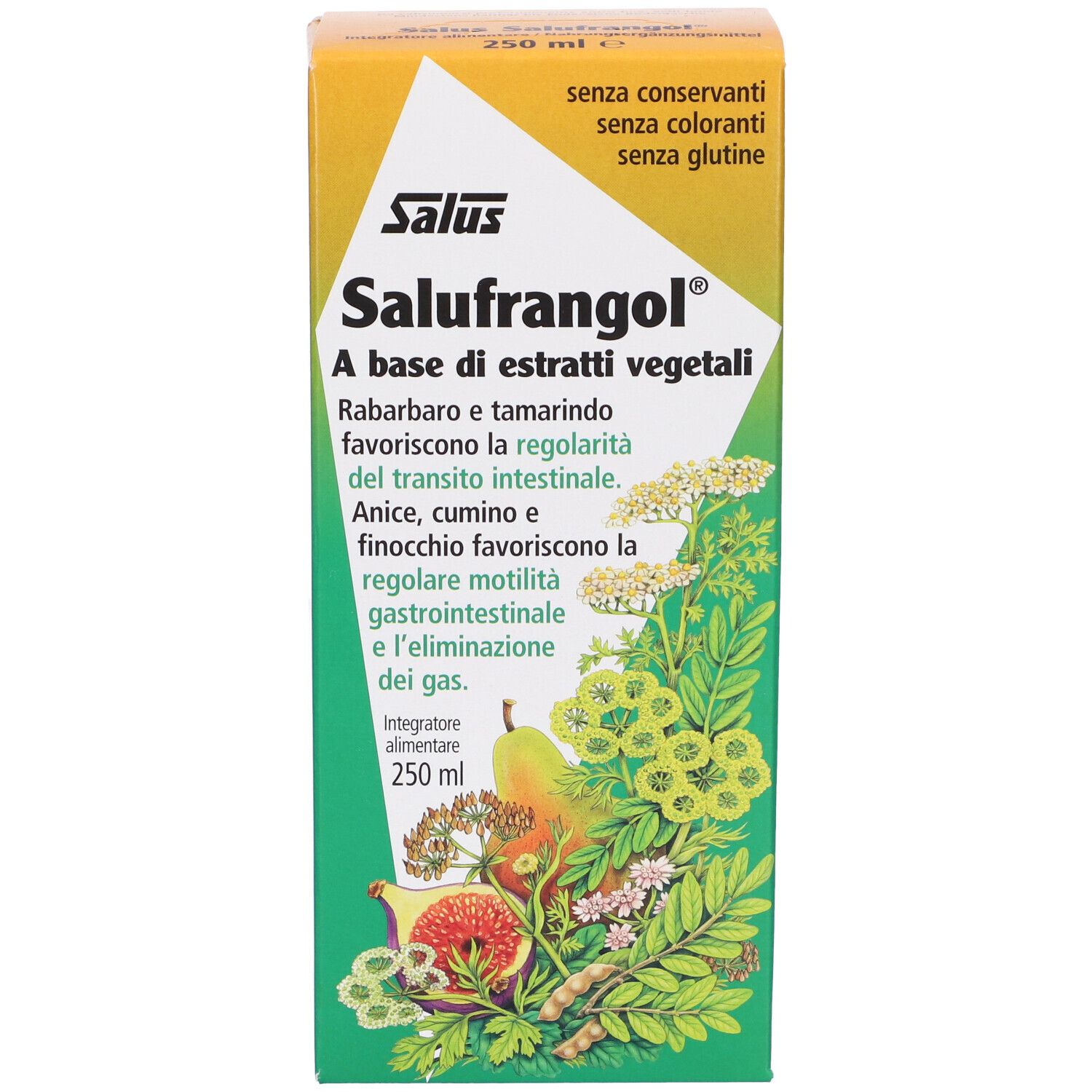 Vista frontale della confezione del prodotto. Nome del prodotto e ingredienti. Confezione verde-gialla con illustrazioni.