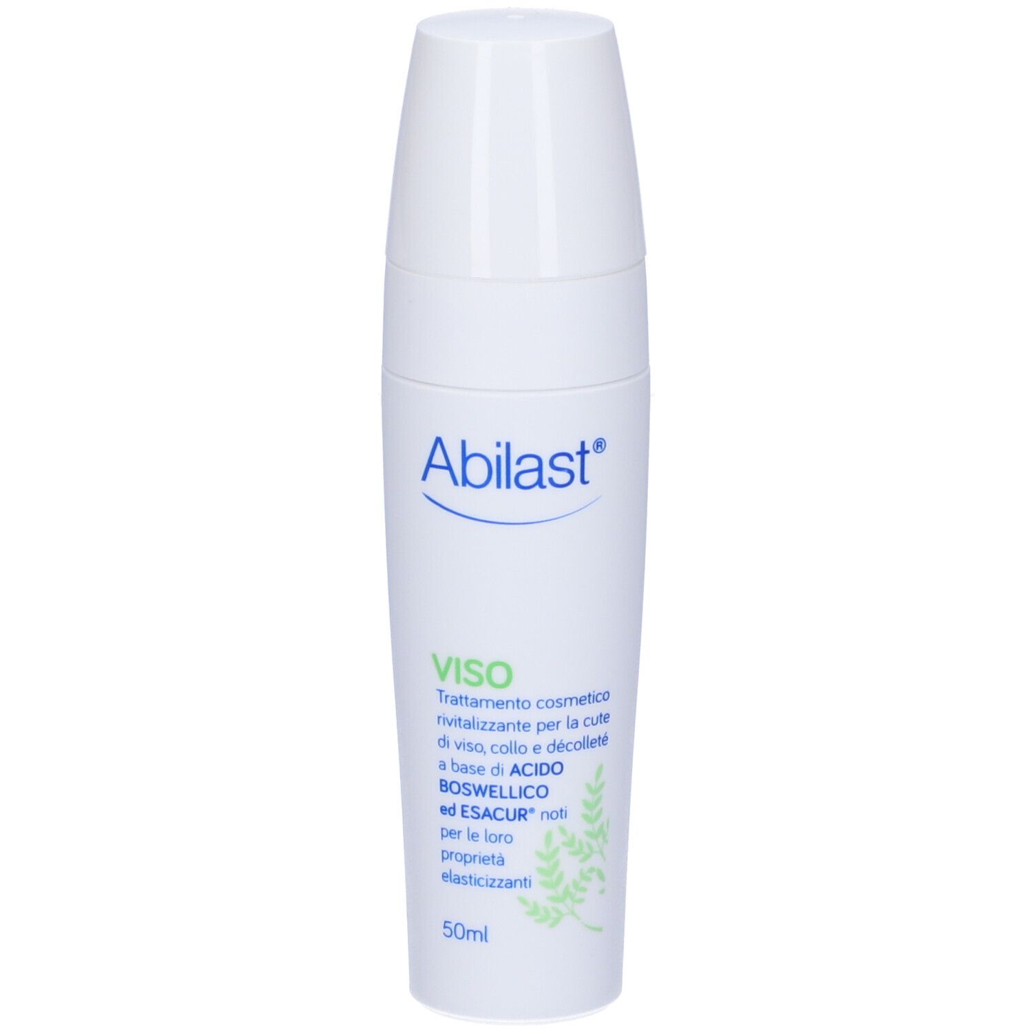 Flacone bianco Abilast® con dosatore. Nome e descrizione del prodotto sull'etichetta. Accenti verdi.