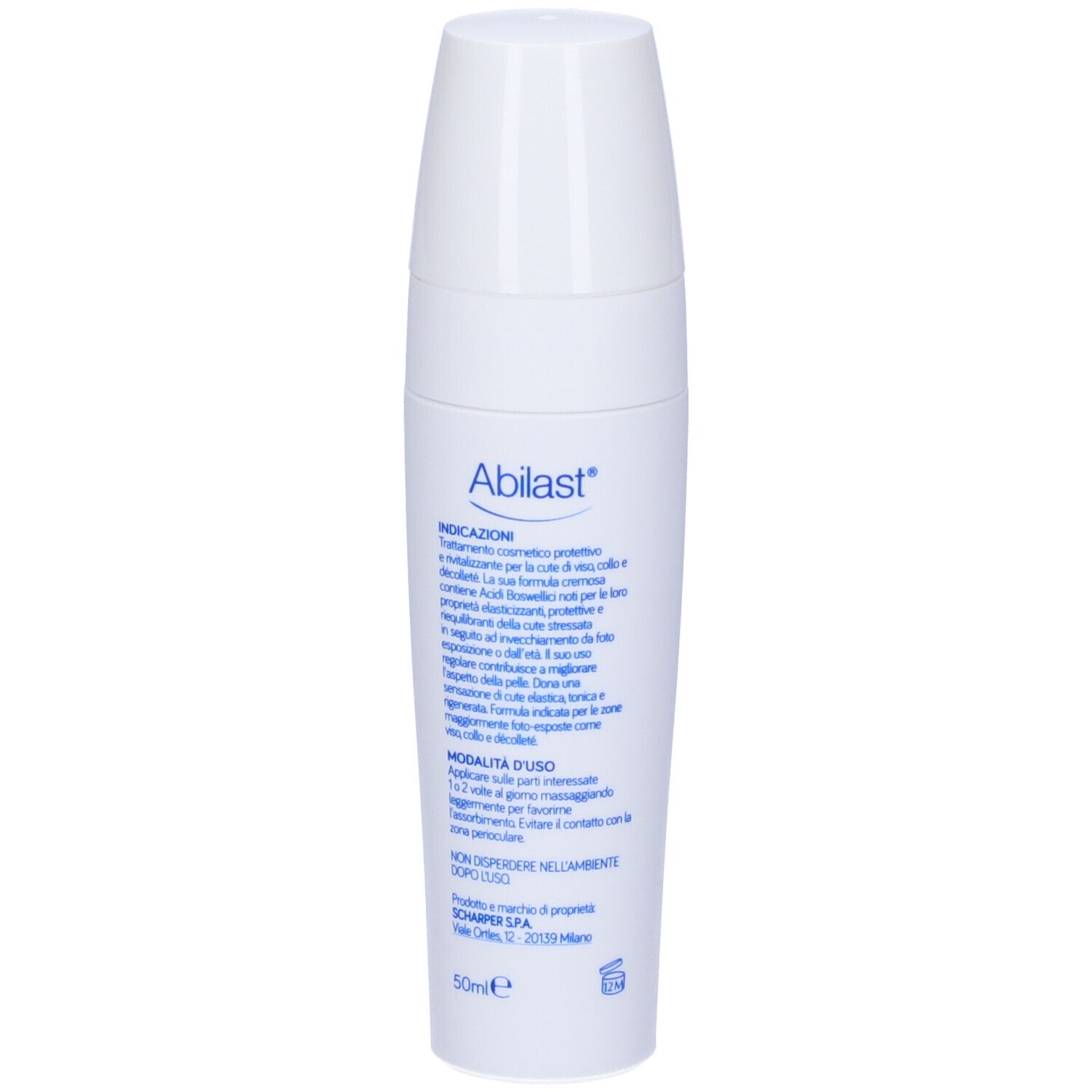 Flacone bianco Abilast®. Descrizione del prodotto sul retro. Accenti verdi e testo.