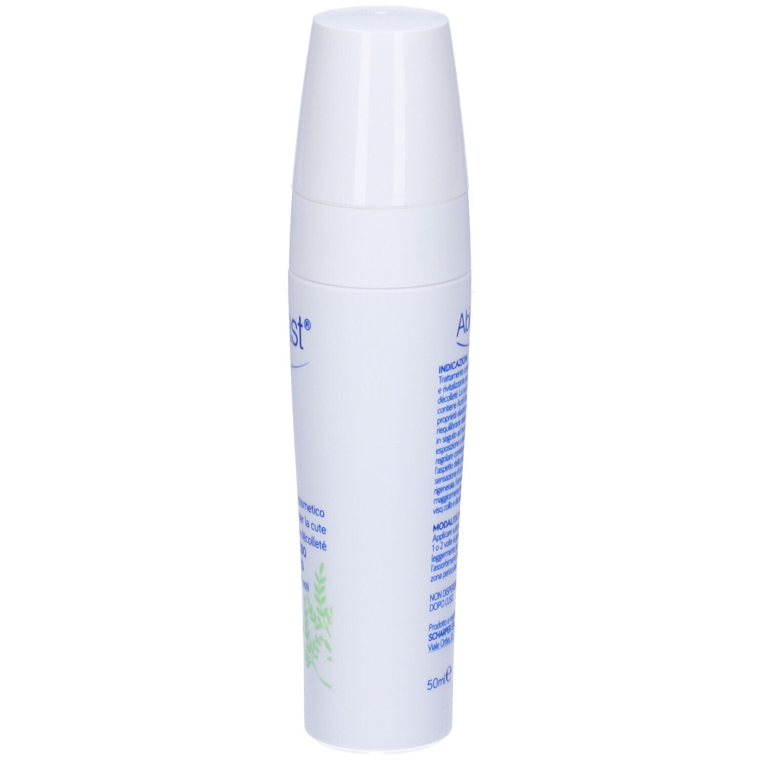 Flacone bianco Abilast® con dosatore. Nome e descrizione del prodotto sull'etichetta. Accenti verdi.