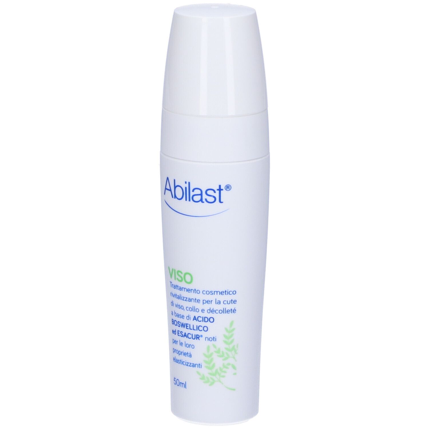 Flacone bianco Abilast® con dosatore. Nome e descrizione del prodotto sull'etichetta. Accenti verdi.