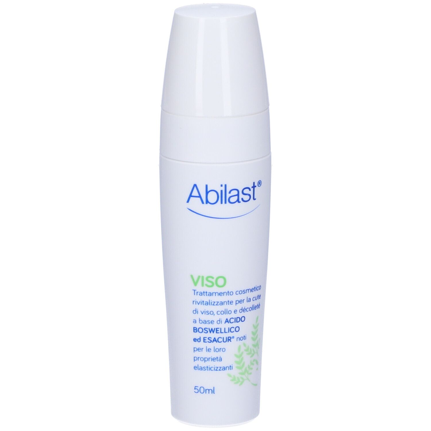 Flacone bianco Abilast® con dosatore. Nome e descrizione del prodotto sull'etichetta. Accenti verdi.