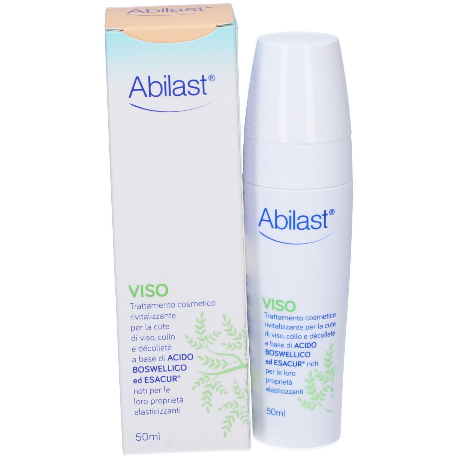 Confezione e flacone Abilast® Viso Crema. Confezione bianca con nome e descrizione del prodotto.