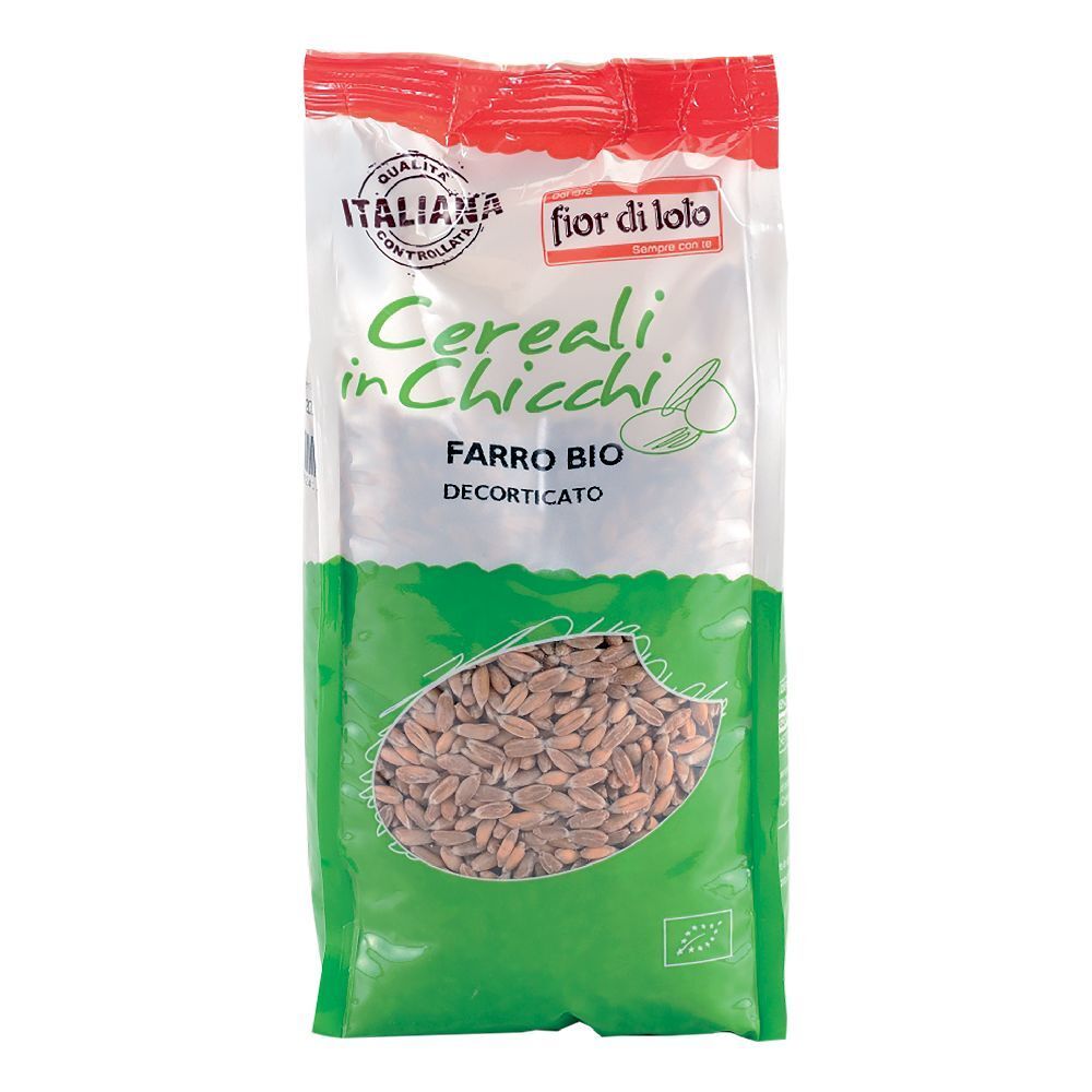 Confezione di cereali. Scritta: Cereali in Chicchi, Farro Bio Decorticato. Controllo qualità italiano.