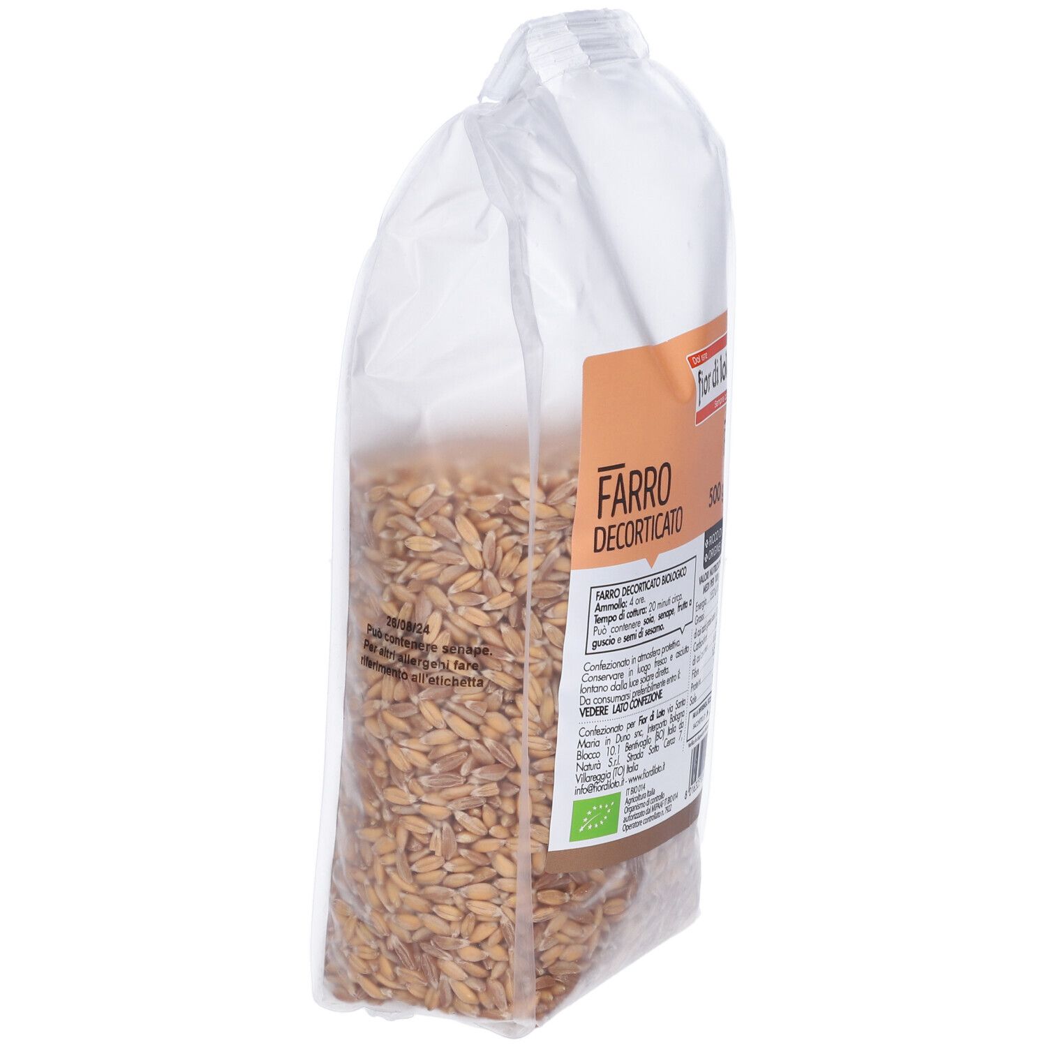 Confezione trasparente di cereali. Scritta: Farro Decorticato, Bio. 500 g. Informazioni nutrizionali ed etichetta bio.
