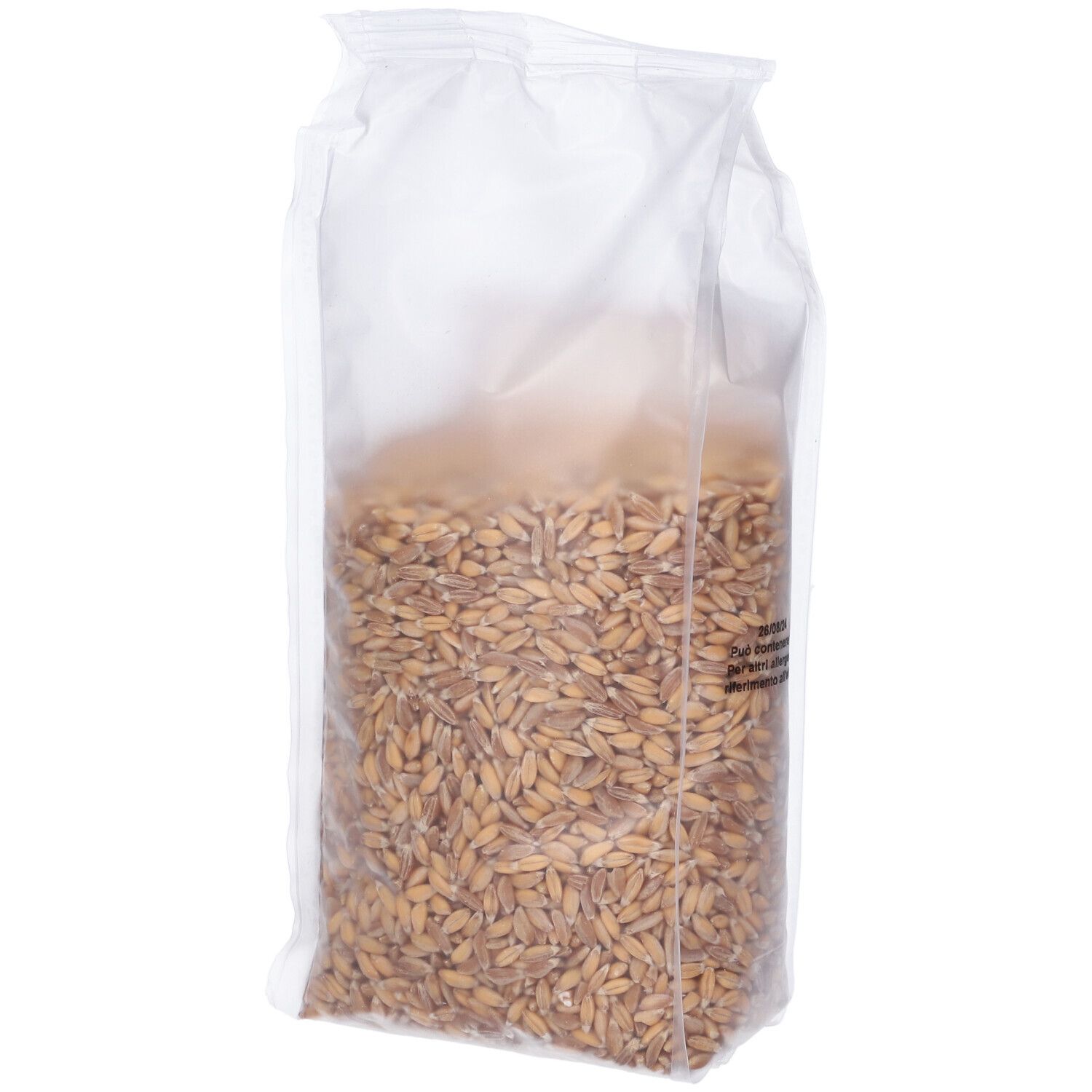Confezione trasparente di cereali. Scritta: Farro Decorticato, Bio. 500 g. Informazioni nutrizionali ed etichetta bio.