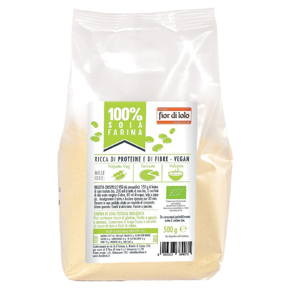 Confezione trasparente con etichetta "100% Farina di soia". Contiene farina di soia. Etichetta con testo e logo "fior di lolo". Vegano, ricco di proteine e fibre.