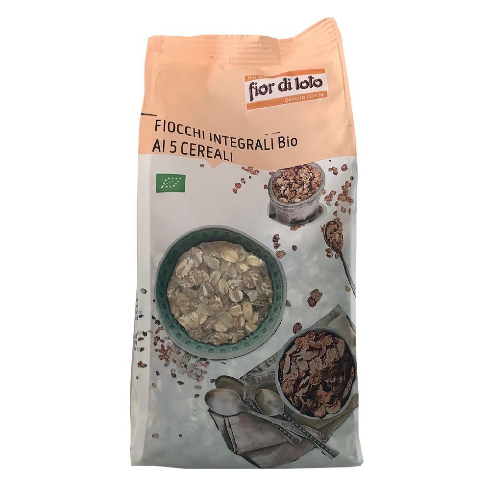 Confezione di Fiocchi Ai 5 Cereali. Scritta: Fior di Loto, Fiocchi integrali Bio ai 5 cereali. Illustrazione di fiocchi di cereali.