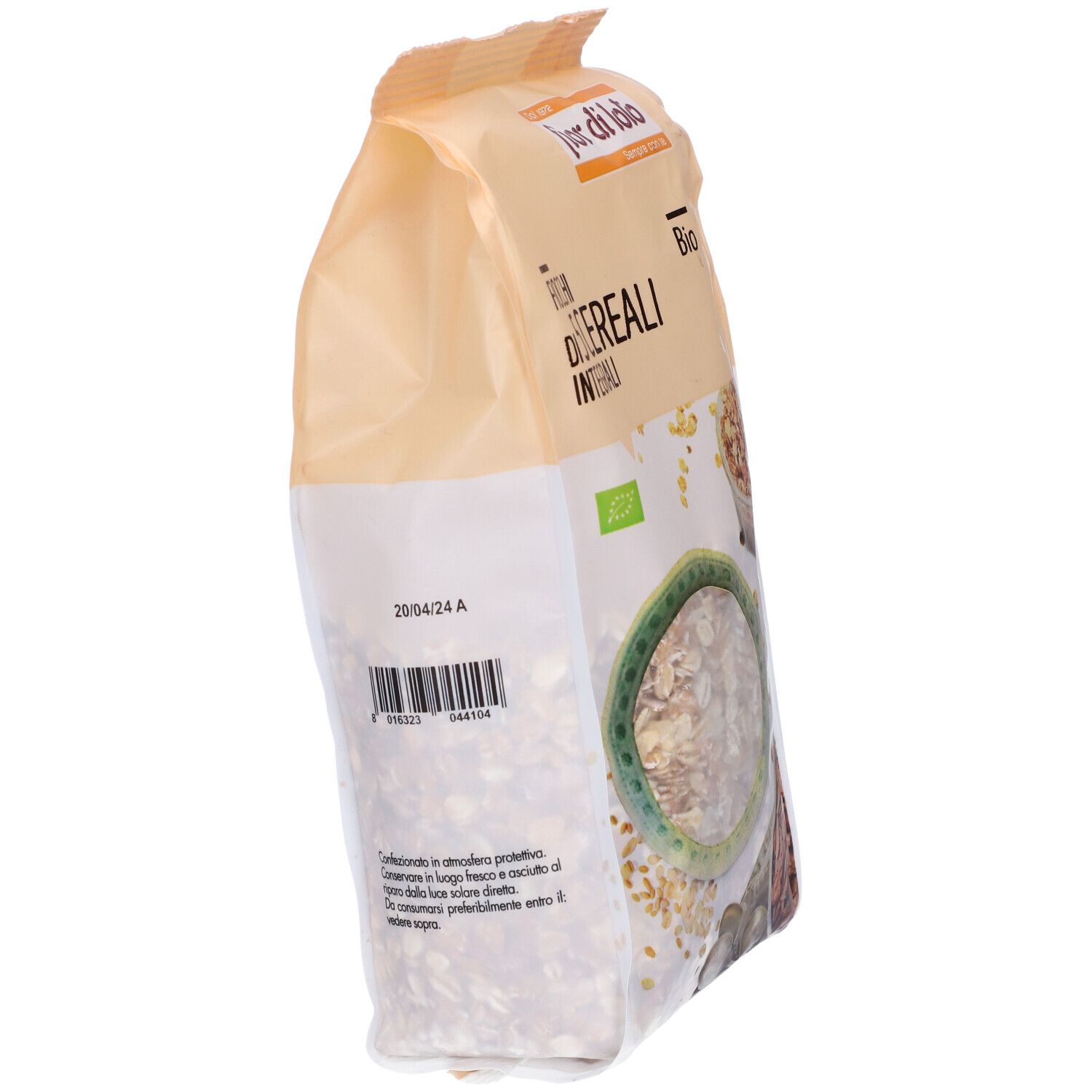 Retro della confezione di Fiocchi di 5 Cereali Integrali. Scritta: Fior di Loto, Bio. Codice a barre e data di scadenza.