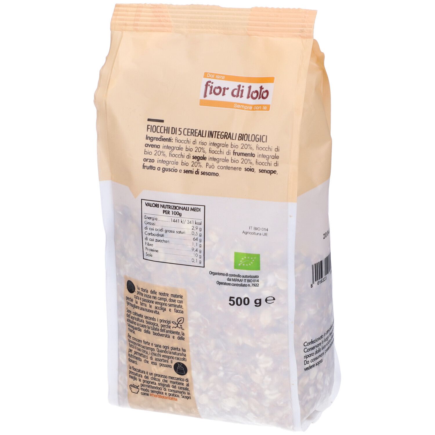 Retro della confezione di Fiocchi di 5 Cereali Integrali. Scritta: Fior di Loto, Bio. Informazioni nutrizionali e ingredienti.
