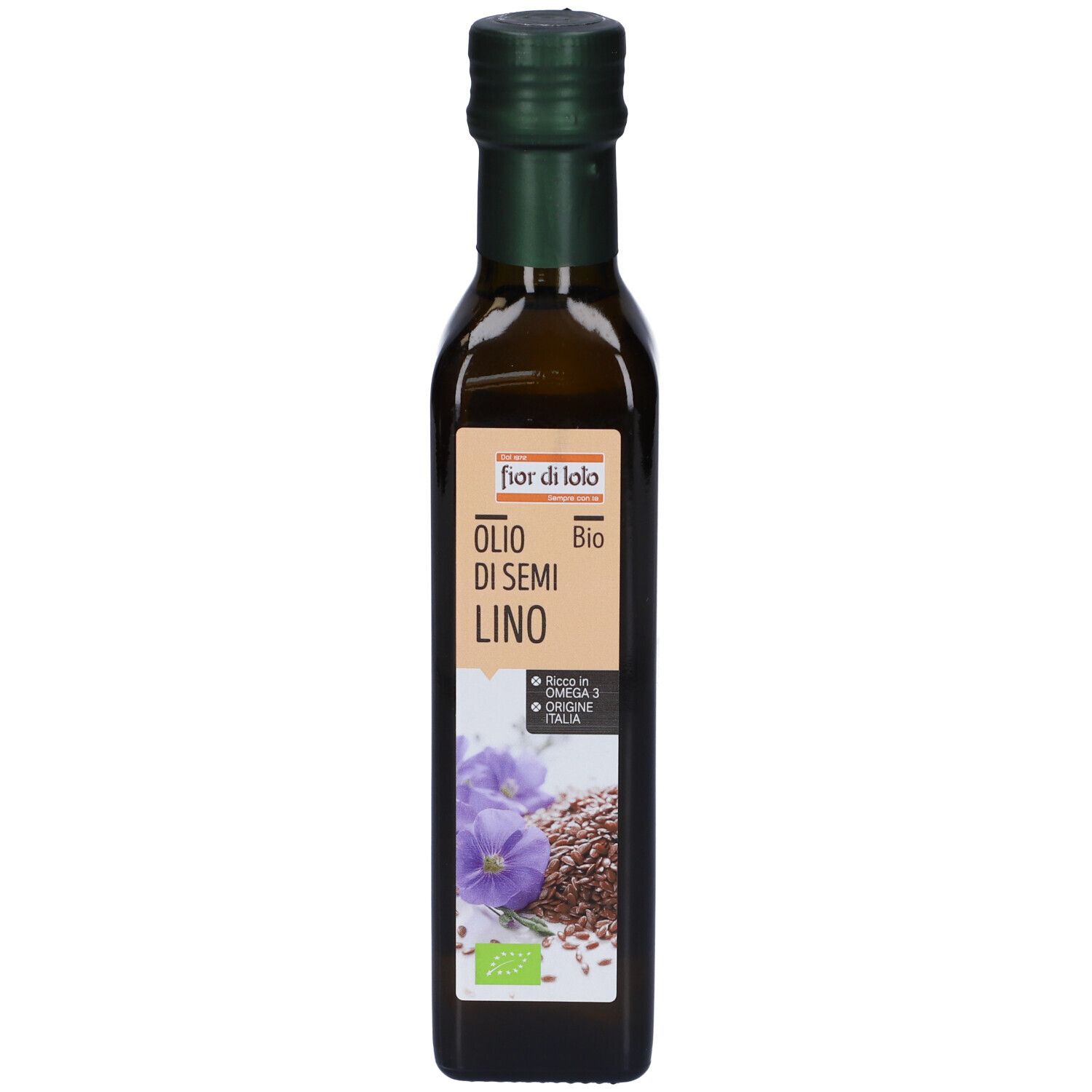 Bottiglia di vetro verde con etichetta. Scritta: Olio di Semi Lino, Bio. Illustrazione di semi di lino e fiore.