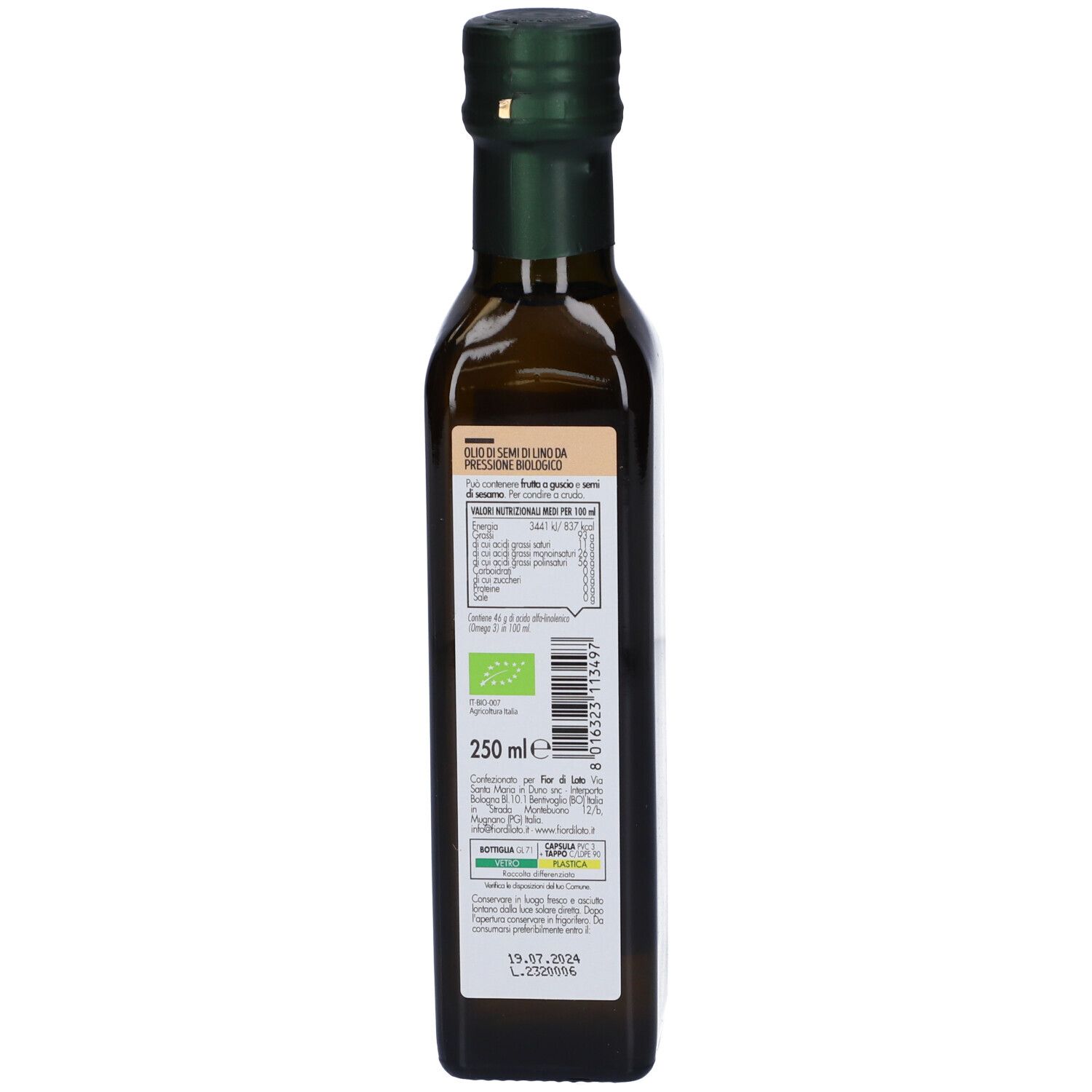 Retro di una bottiglia di vetro verde. Etichetta con testo e informazioni nutrizionali. Scritta: 250 ml.