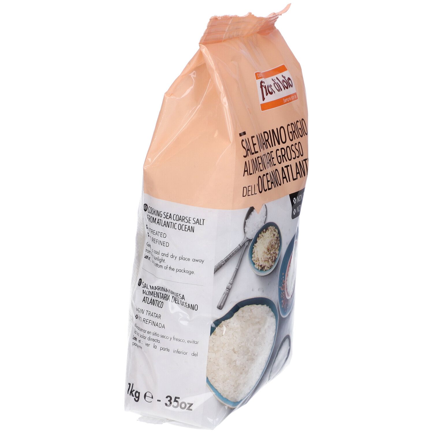 Confezione di sale marino grigio grosso. Marchio: fior di loto. Vista laterale con testo e immagini.