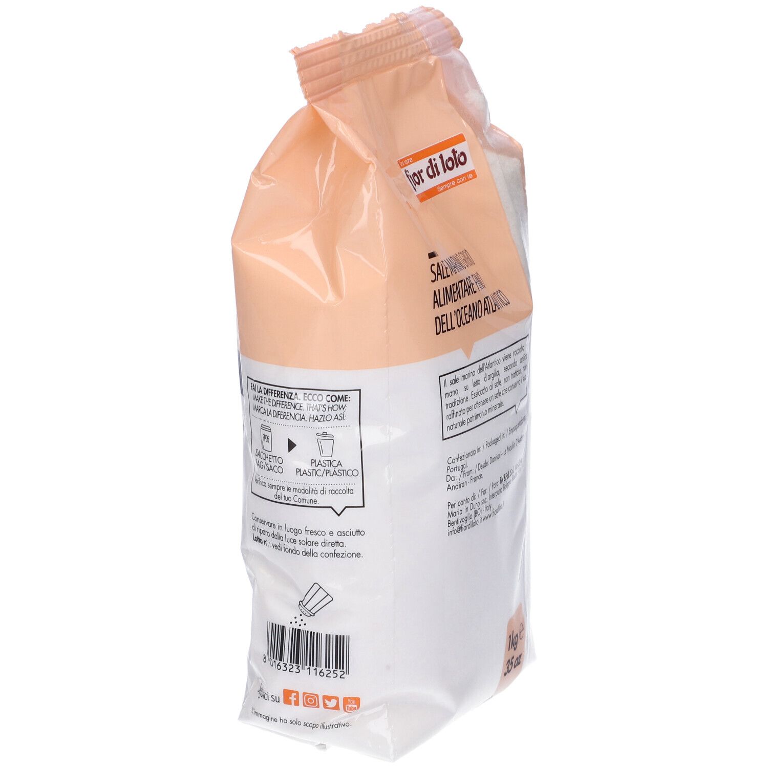 Retro di una confezione di sale marino grigio. Scritta: Fior di Loto. Istruzioni per il riciclaggio.