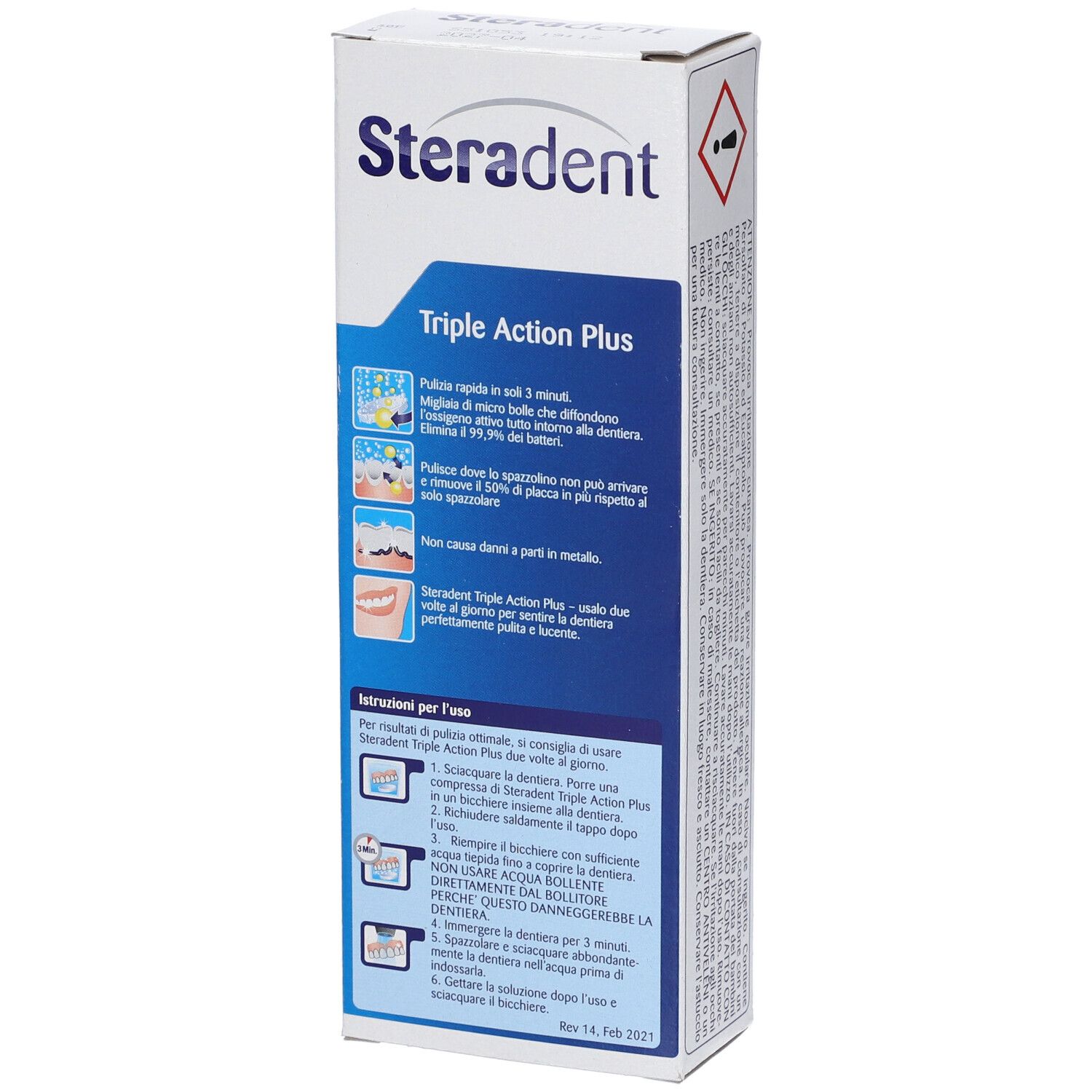 Steradent Triple Action Plus Tablettenbox mit Anwendungshinweisen und Produktabbildungen.